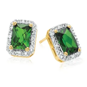 9ct Yellow Gold Emerald & Round Brilliant Cut Created Emerald & Diamond Set Stud Earrings