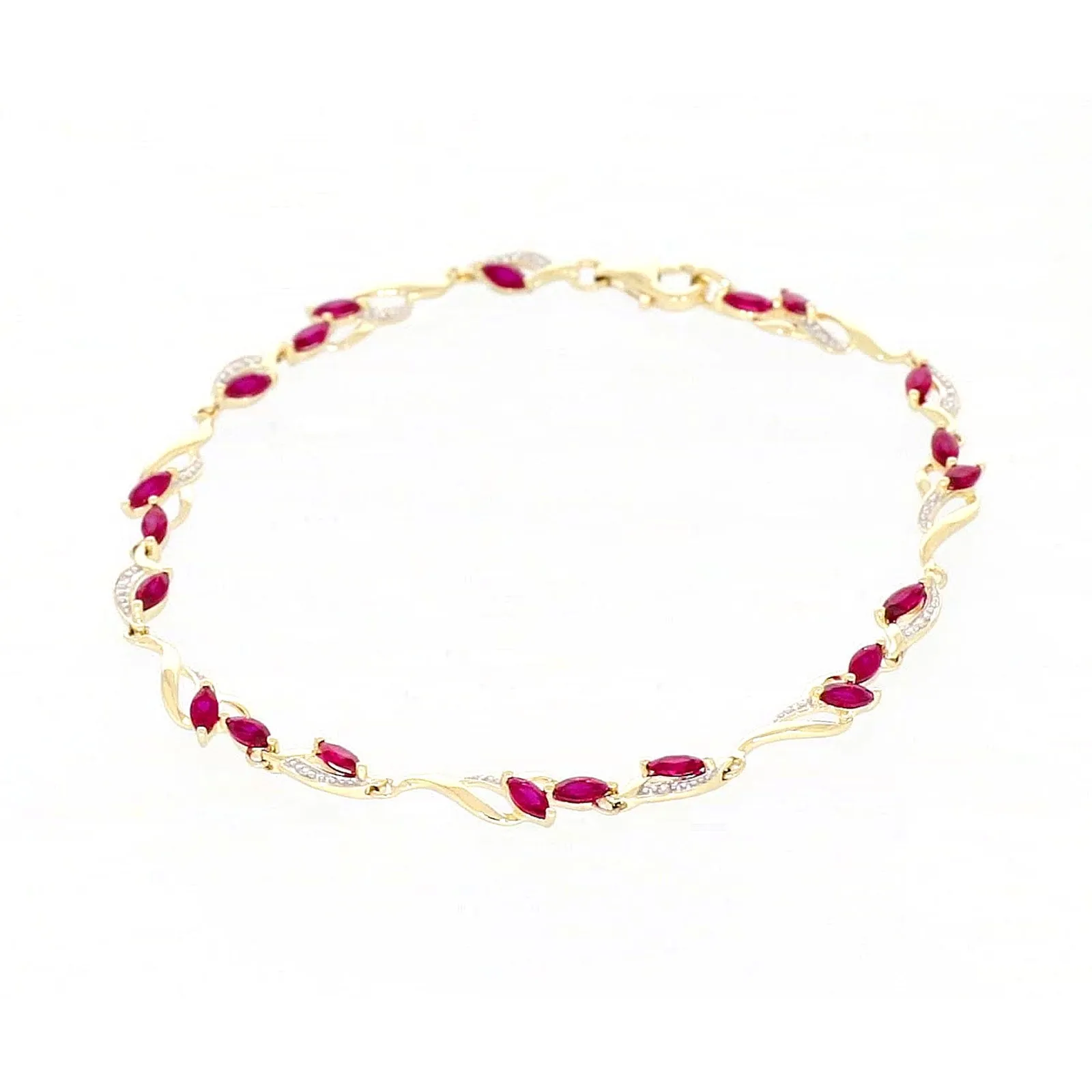 9ct Yellow Gold Marquise Cut Created Ruby Diamond Set Bracelet