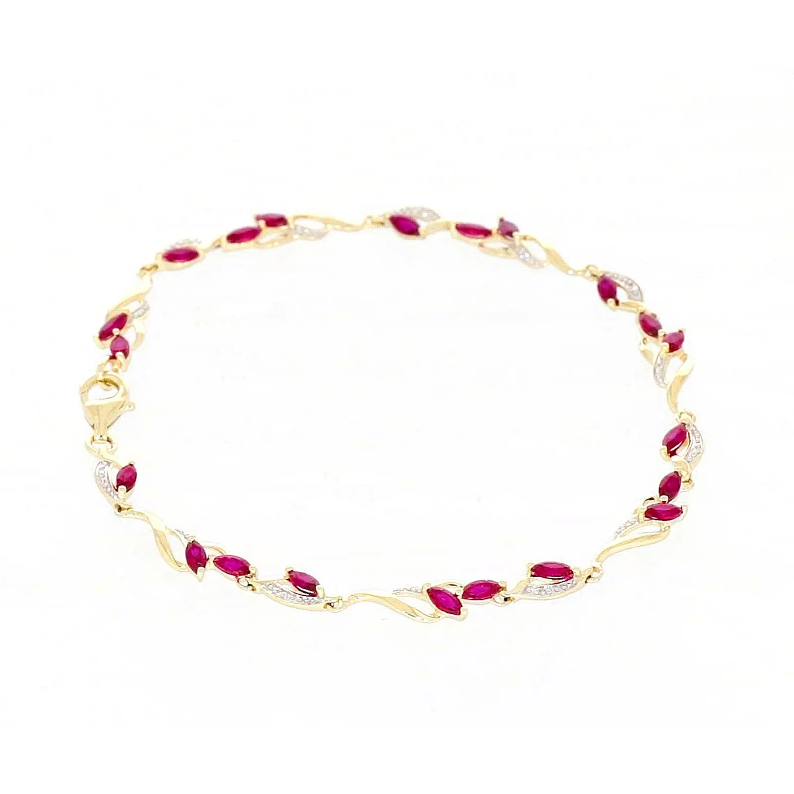 9ct Yellow Gold Marquise Cut Created Ruby Diamond Set Bracelet