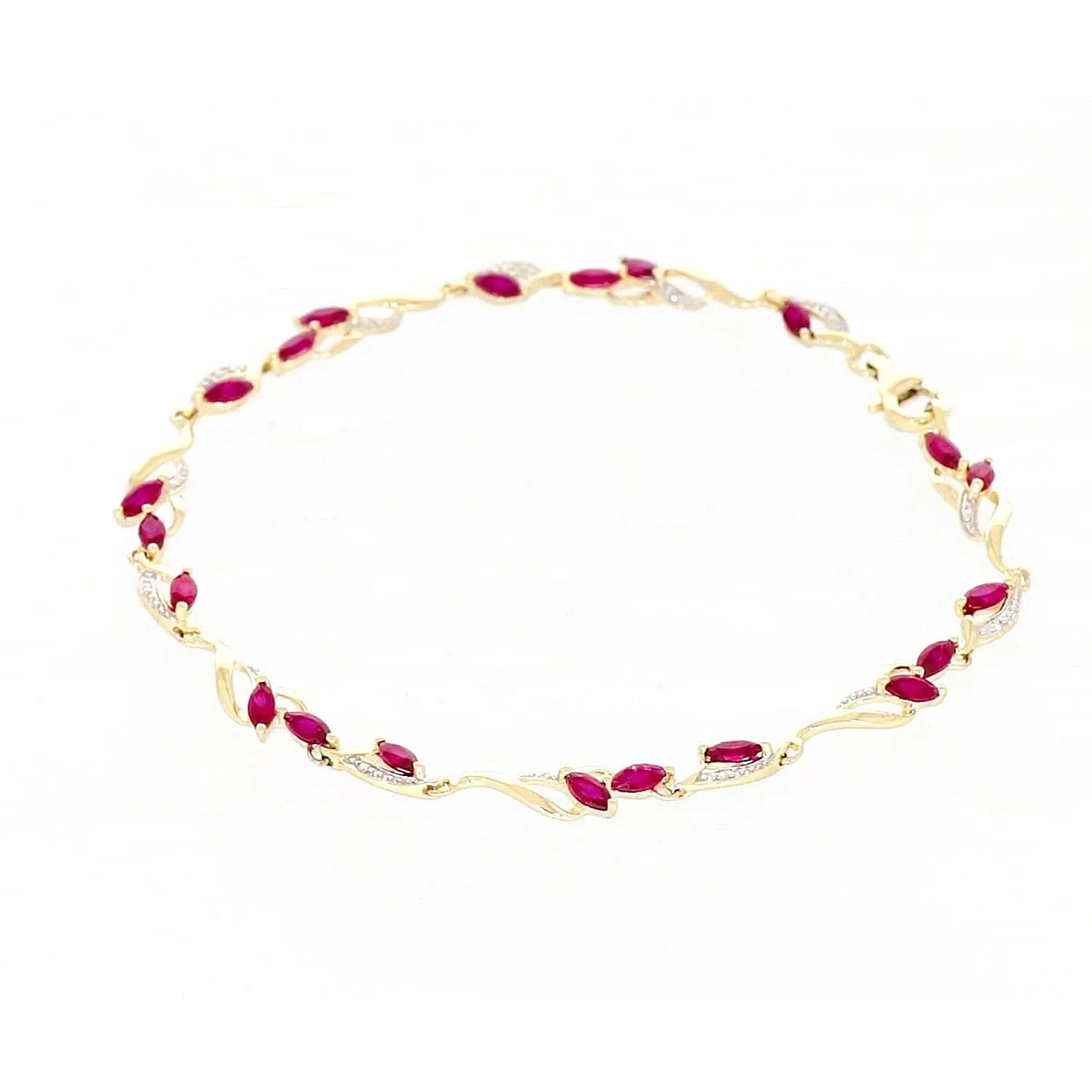 9ct Yellow Gold Marquise Cut Created Ruby Diamond Set Bracelet