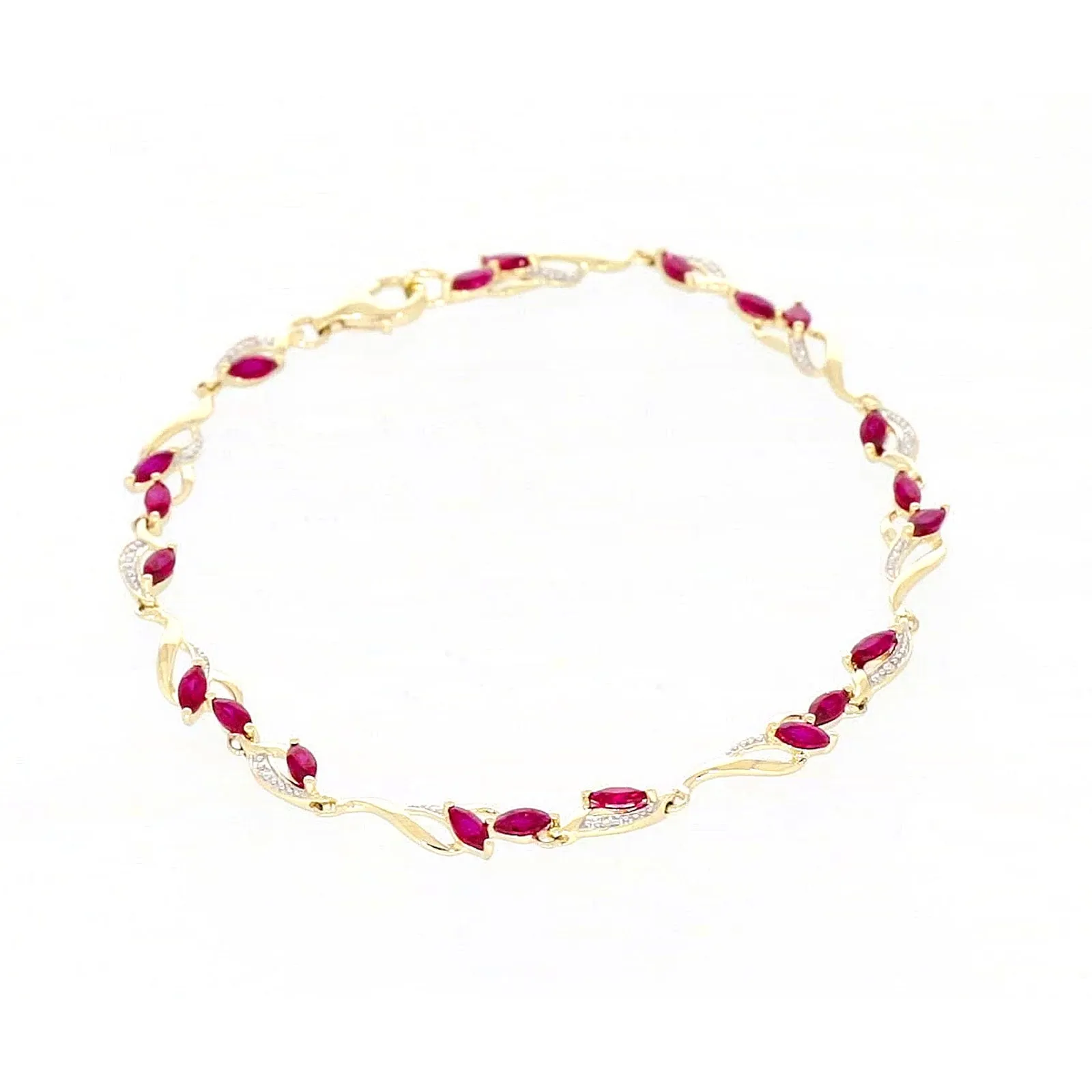 9ct Yellow Gold Marquise Cut Created Ruby Diamond Set Bracelet