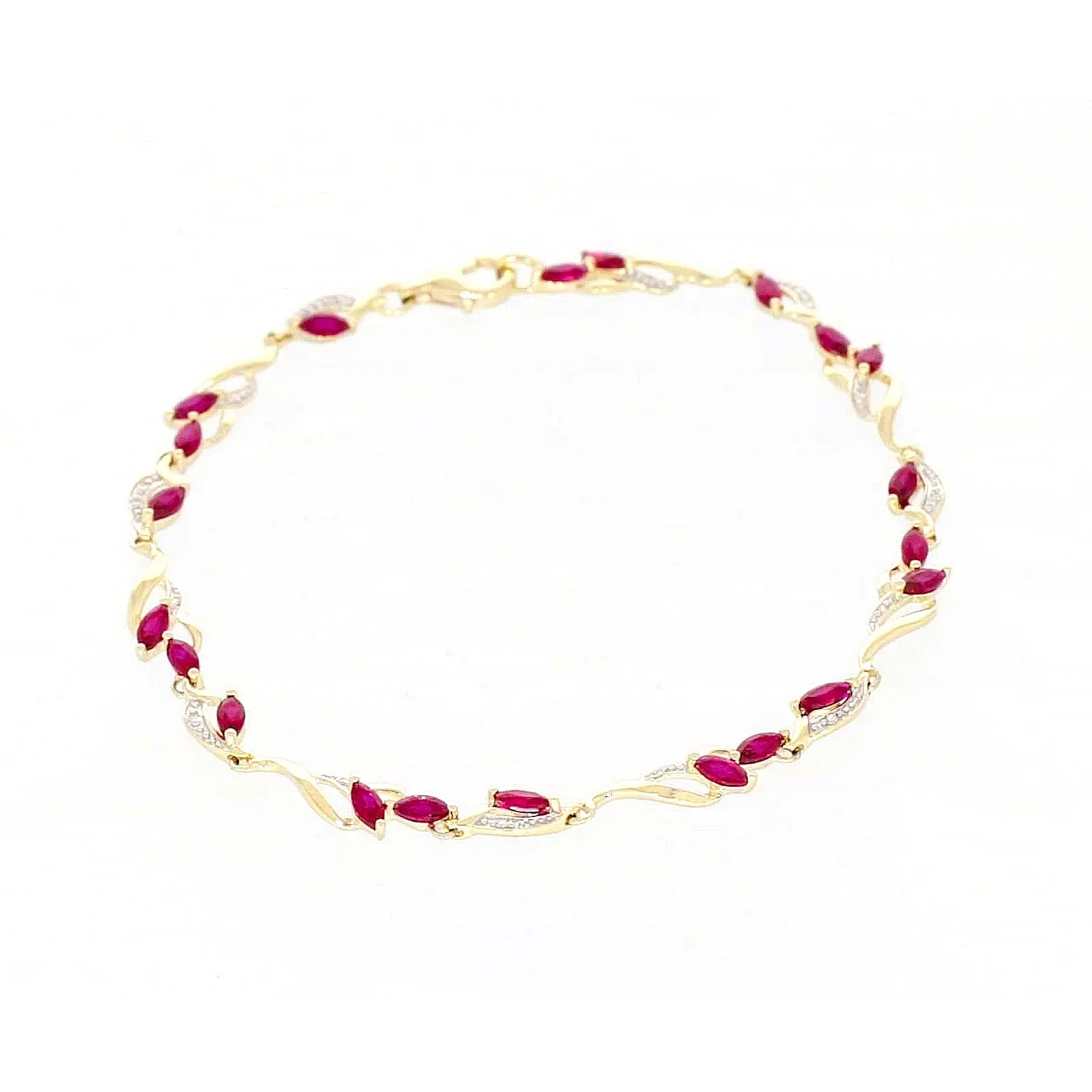 9ct Yellow Gold Marquise Cut Created Ruby Diamond Set Bracelet