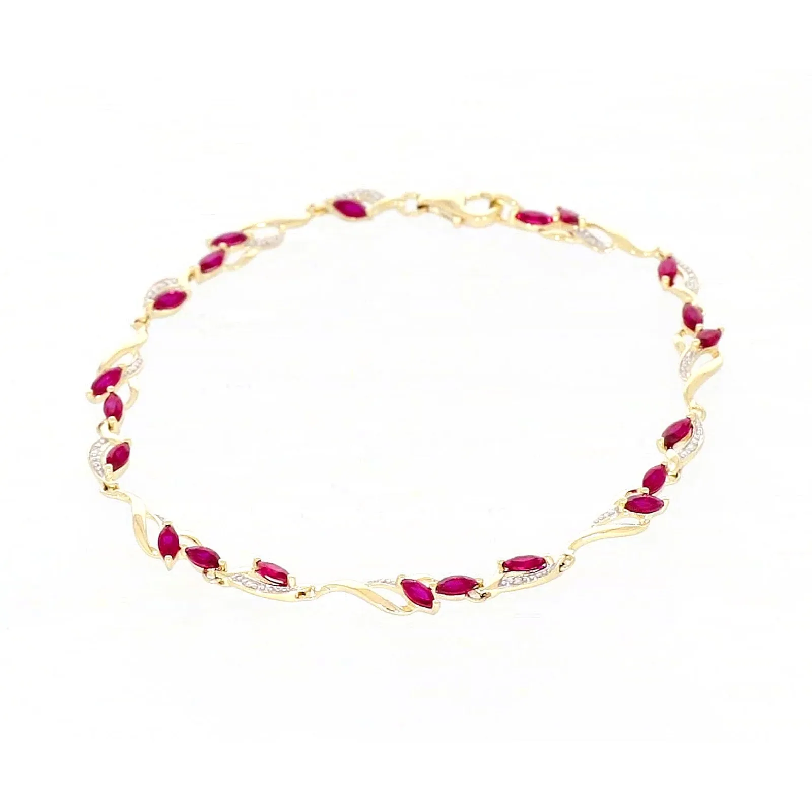 9ct Yellow Gold Marquise Cut Created Ruby Diamond Set Bracelet