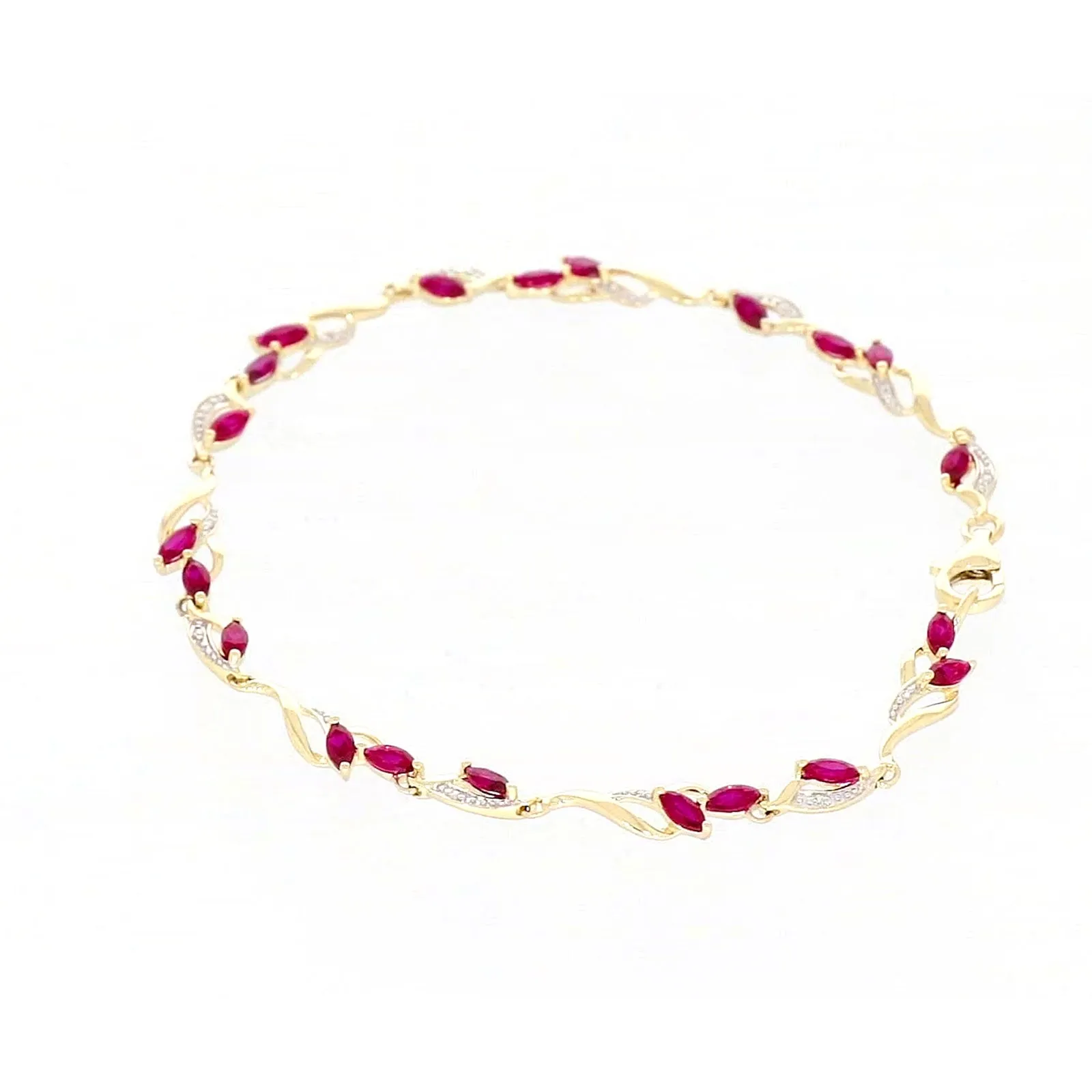 9ct Yellow Gold Marquise Cut Created Ruby Diamond Set Bracelet