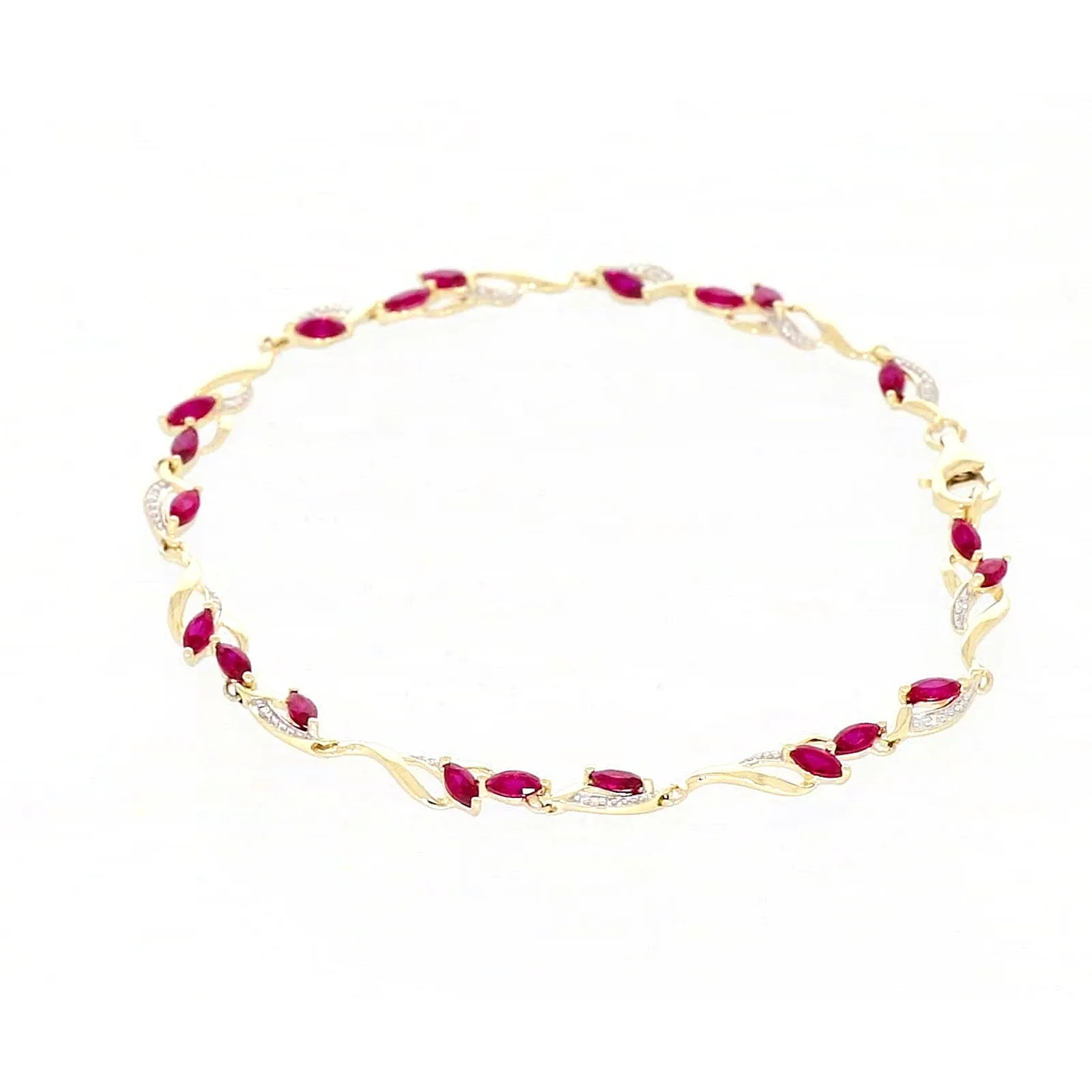 9ct Yellow Gold Marquise Cut Created Ruby Diamond Set Bracelet