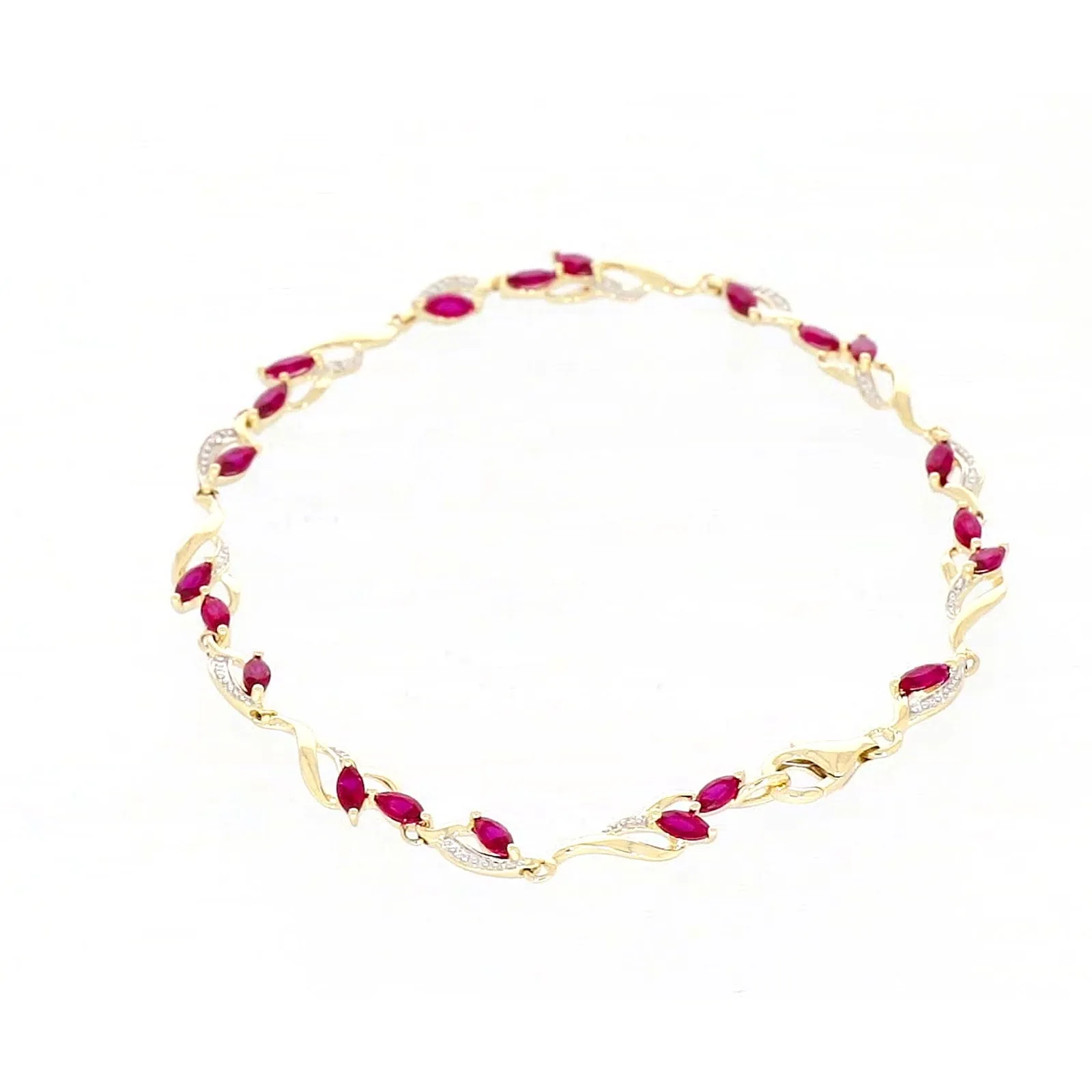 9ct Yellow Gold Marquise Cut Created Ruby Diamond Set Bracelet