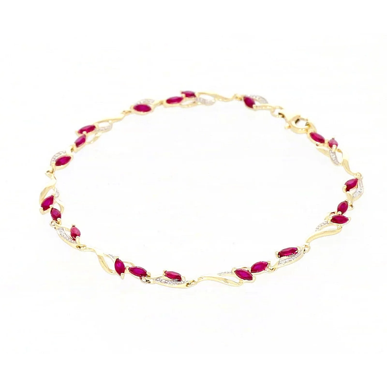 9ct Yellow Gold Marquise Cut Created Ruby Diamond Set Bracelet