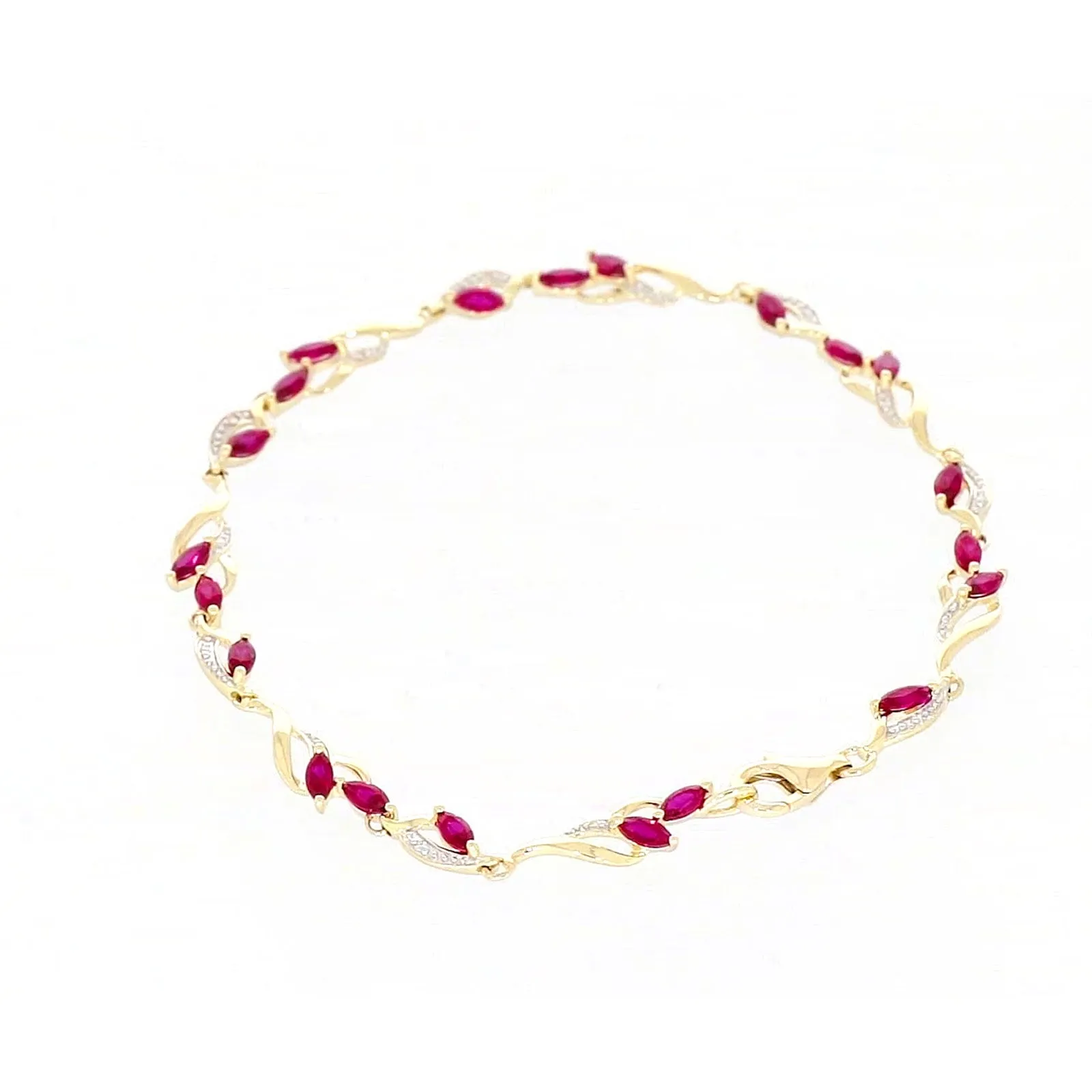 9ct Yellow Gold Marquise Cut Created Ruby Diamond Set Bracelet