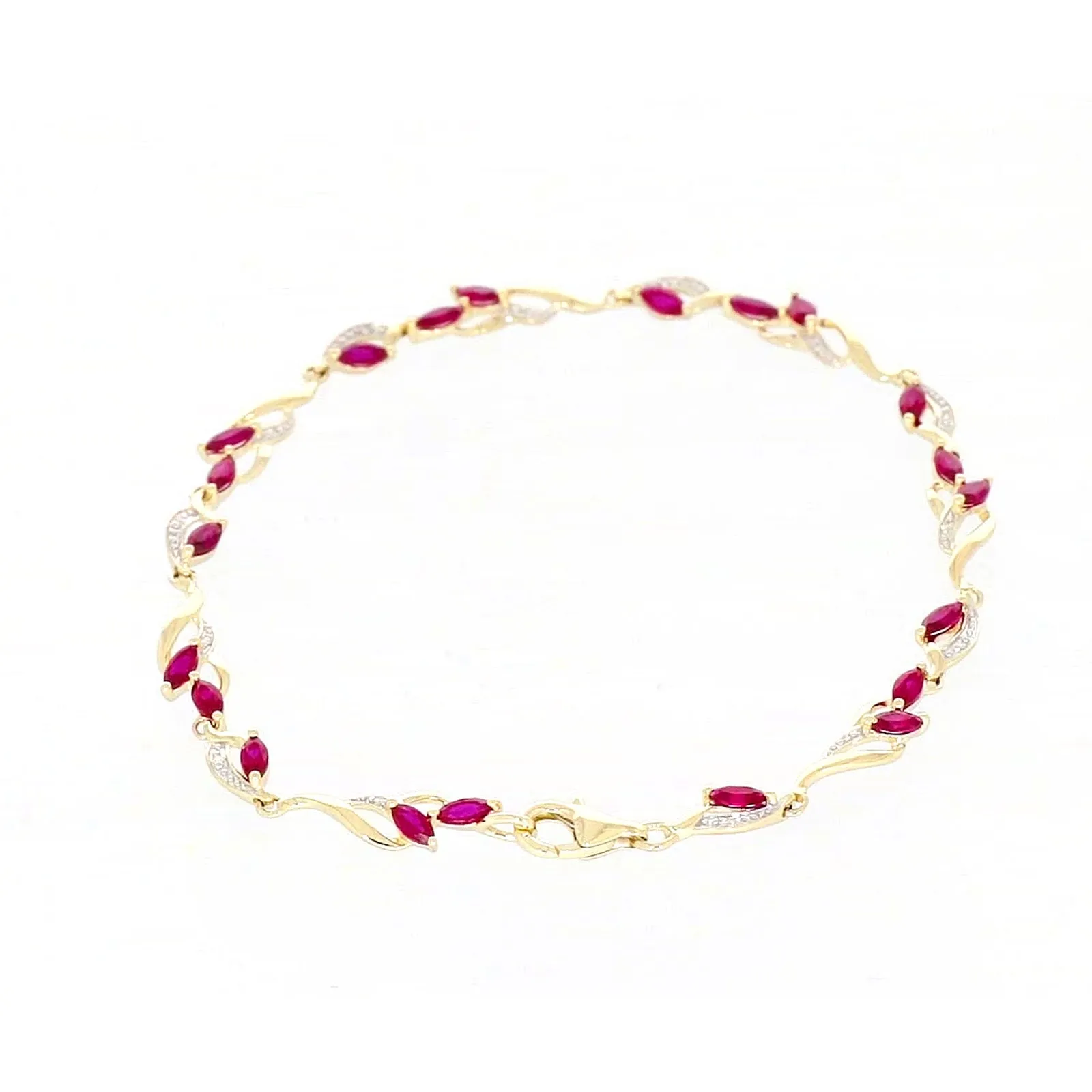 9ct Yellow Gold Marquise Cut Created Ruby Diamond Set Bracelet
