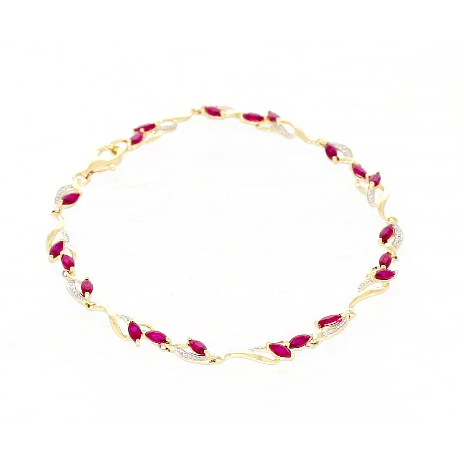 9ct Yellow Gold Marquise Cut Created Ruby Diamond Set Bracelet