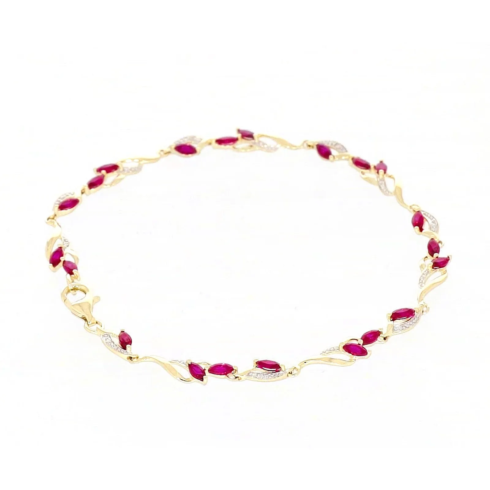 9ct Yellow Gold Marquise Cut Created Ruby Diamond Set Bracelet