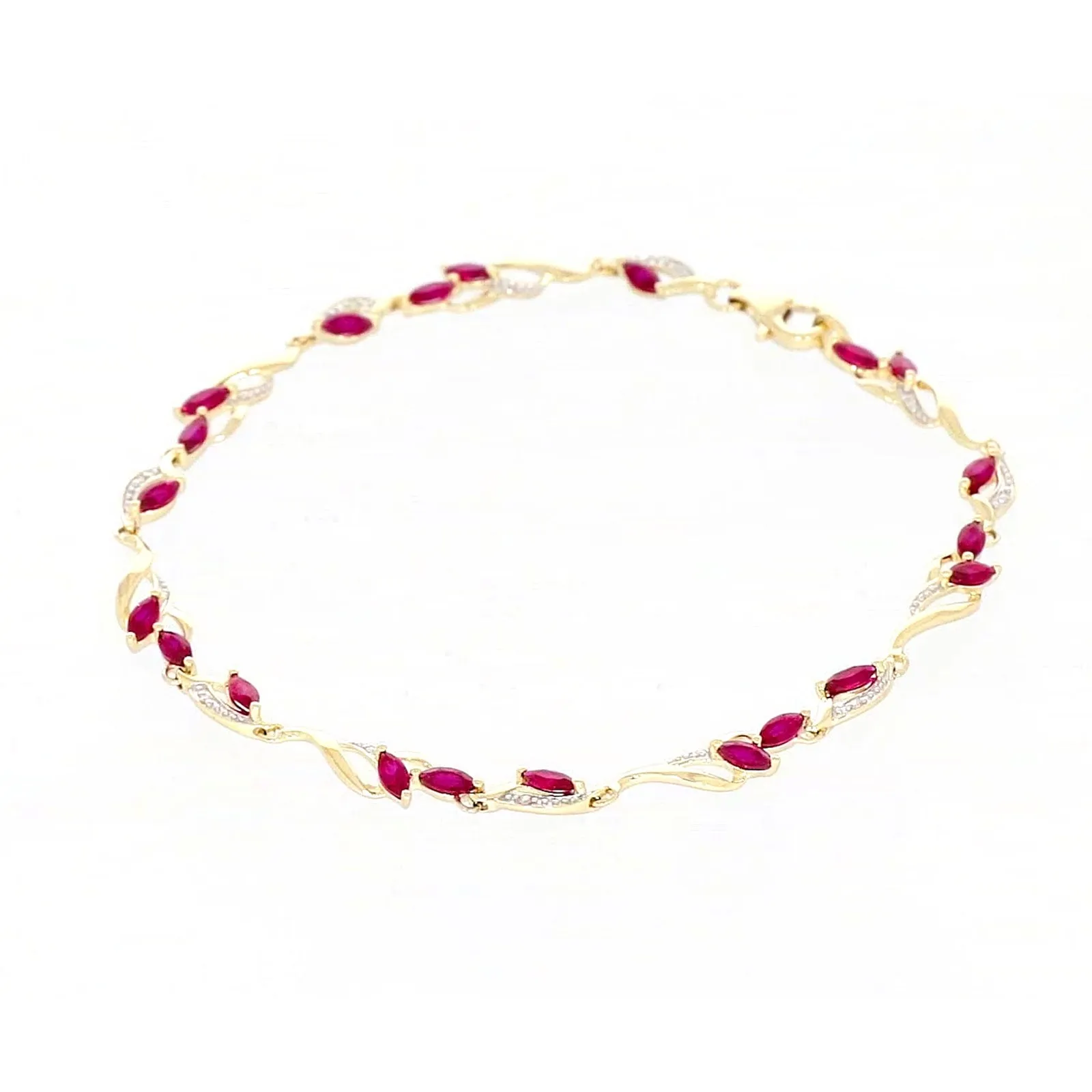 9ct Yellow Gold Marquise Cut Created Ruby Diamond Set Bracelet