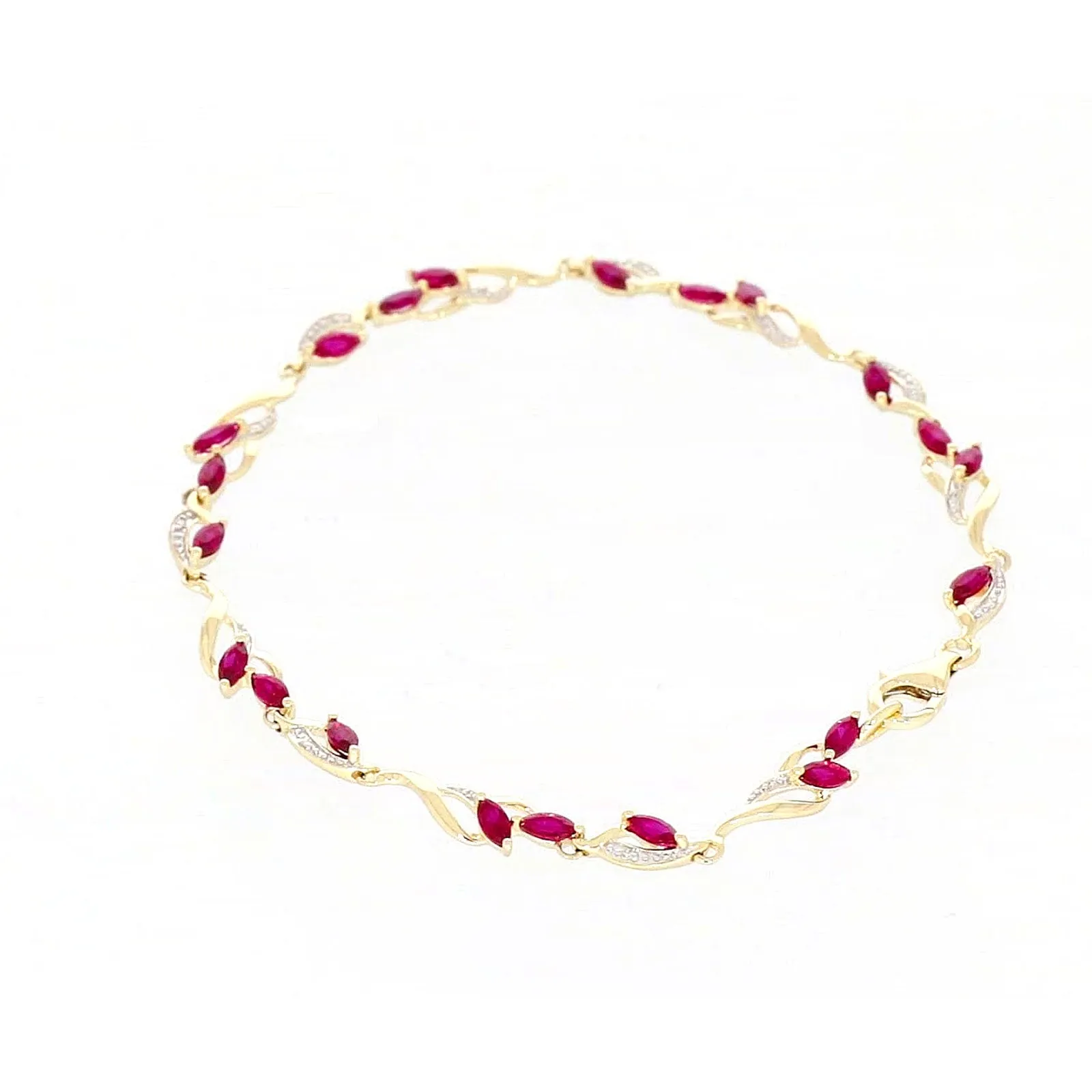 9ct Yellow Gold Marquise Cut Created Ruby Diamond Set Bracelet