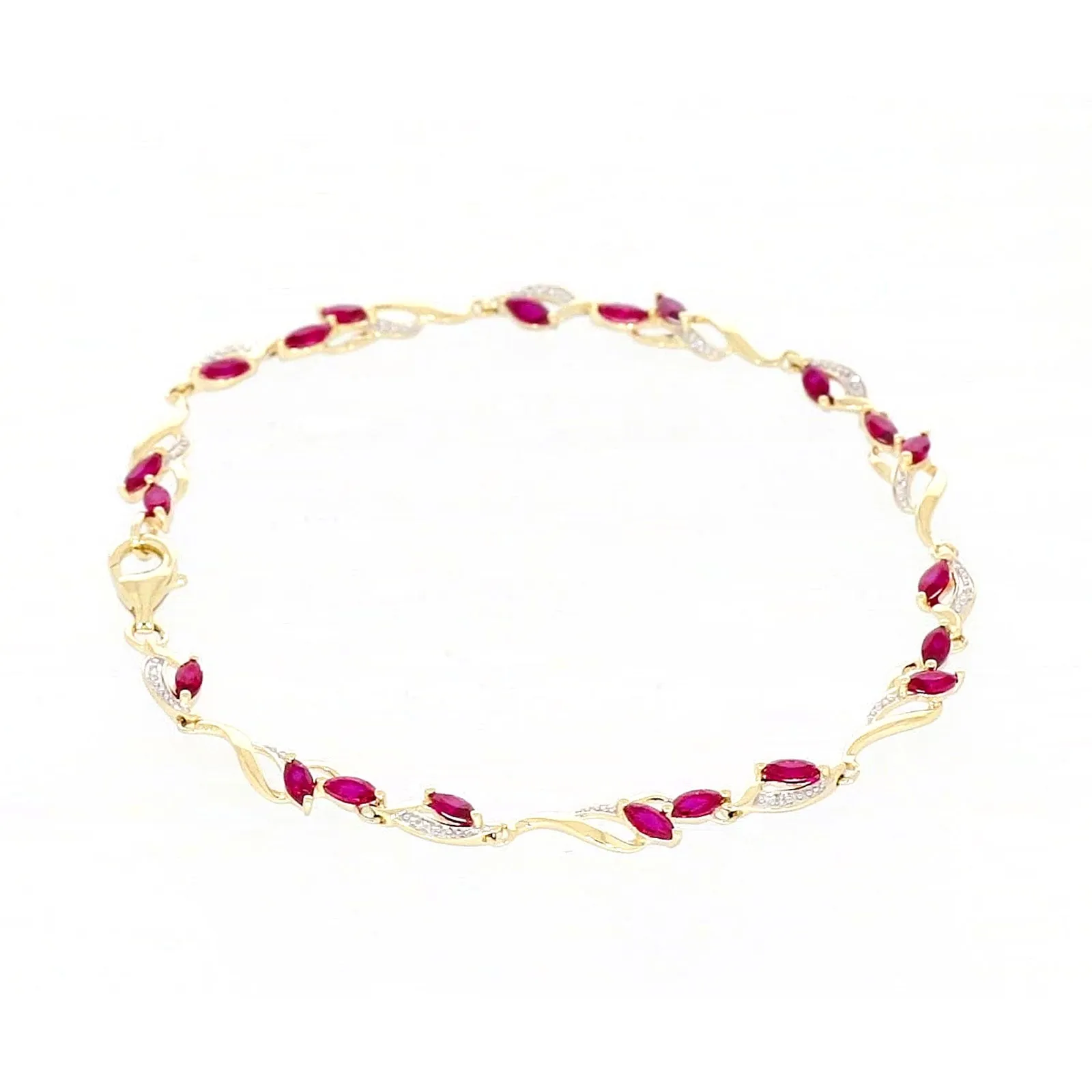 9ct Yellow Gold Marquise Cut Created Ruby Diamond Set Bracelet
