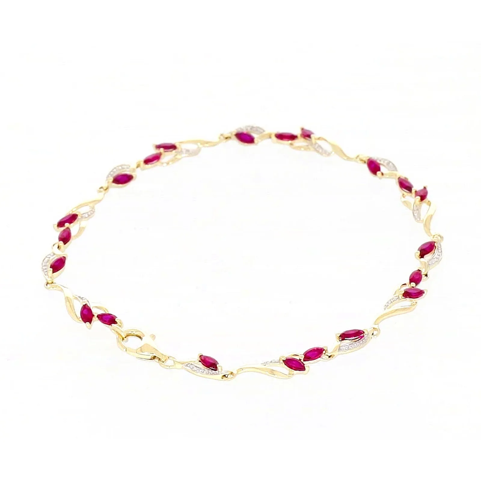 9ct Yellow Gold Marquise Cut Created Ruby Diamond Set Bracelet