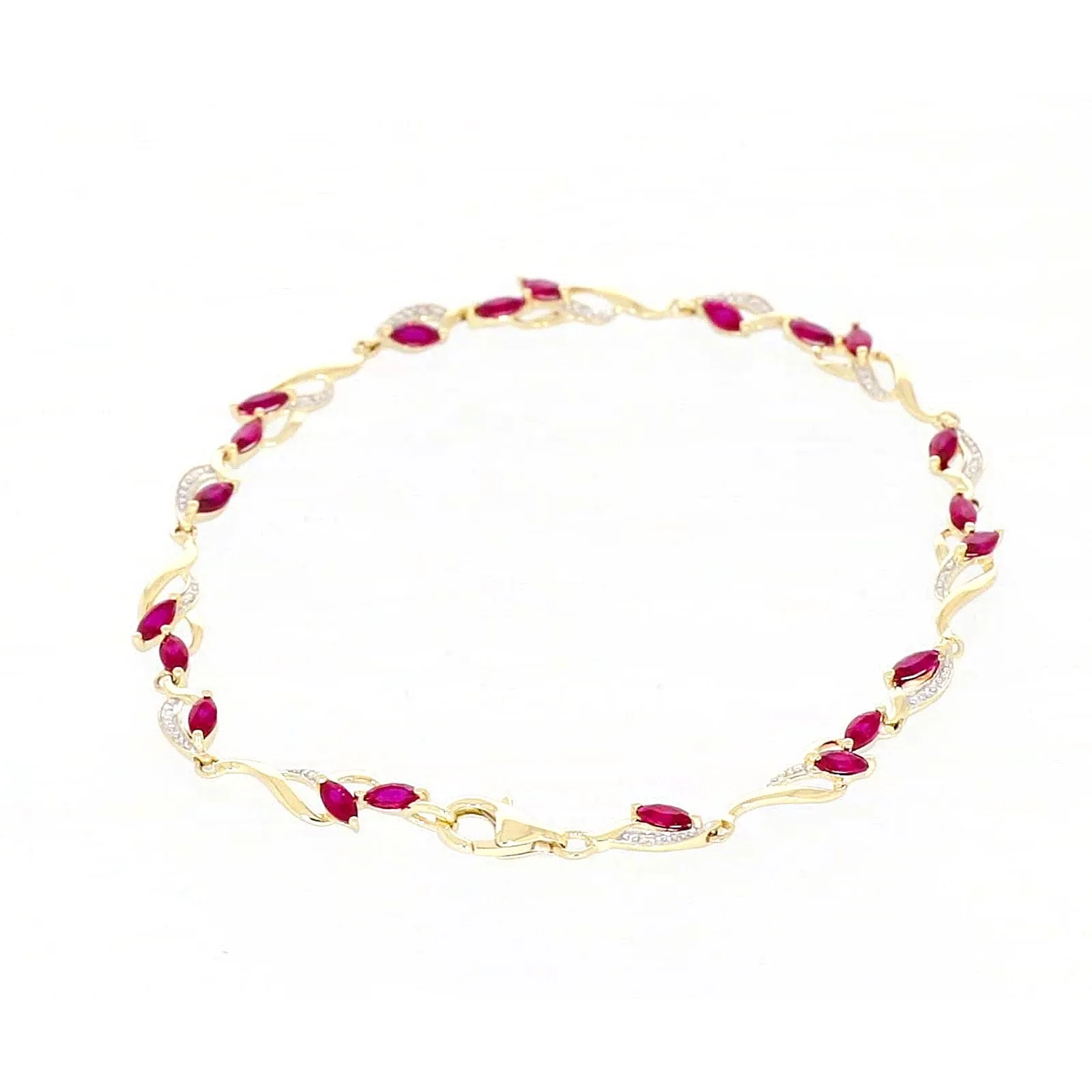 9ct Yellow Gold Marquise Cut Created Ruby Diamond Set Bracelet