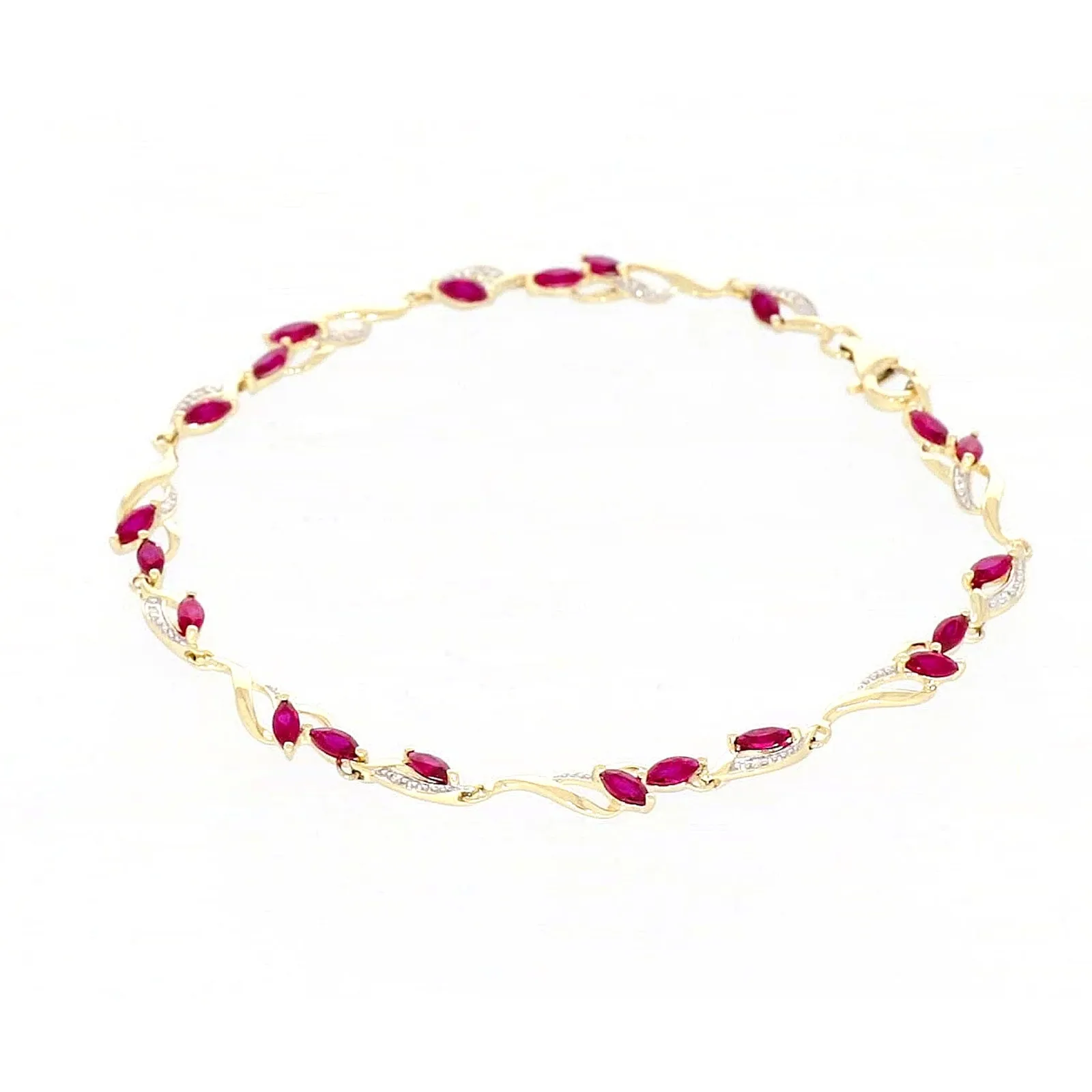 9ct Yellow Gold Marquise Cut Created Ruby Diamond Set Bracelet
