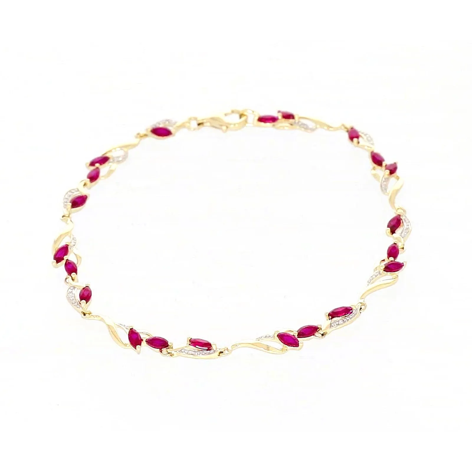 9ct Yellow Gold Marquise Cut Created Ruby Diamond Set Bracelet