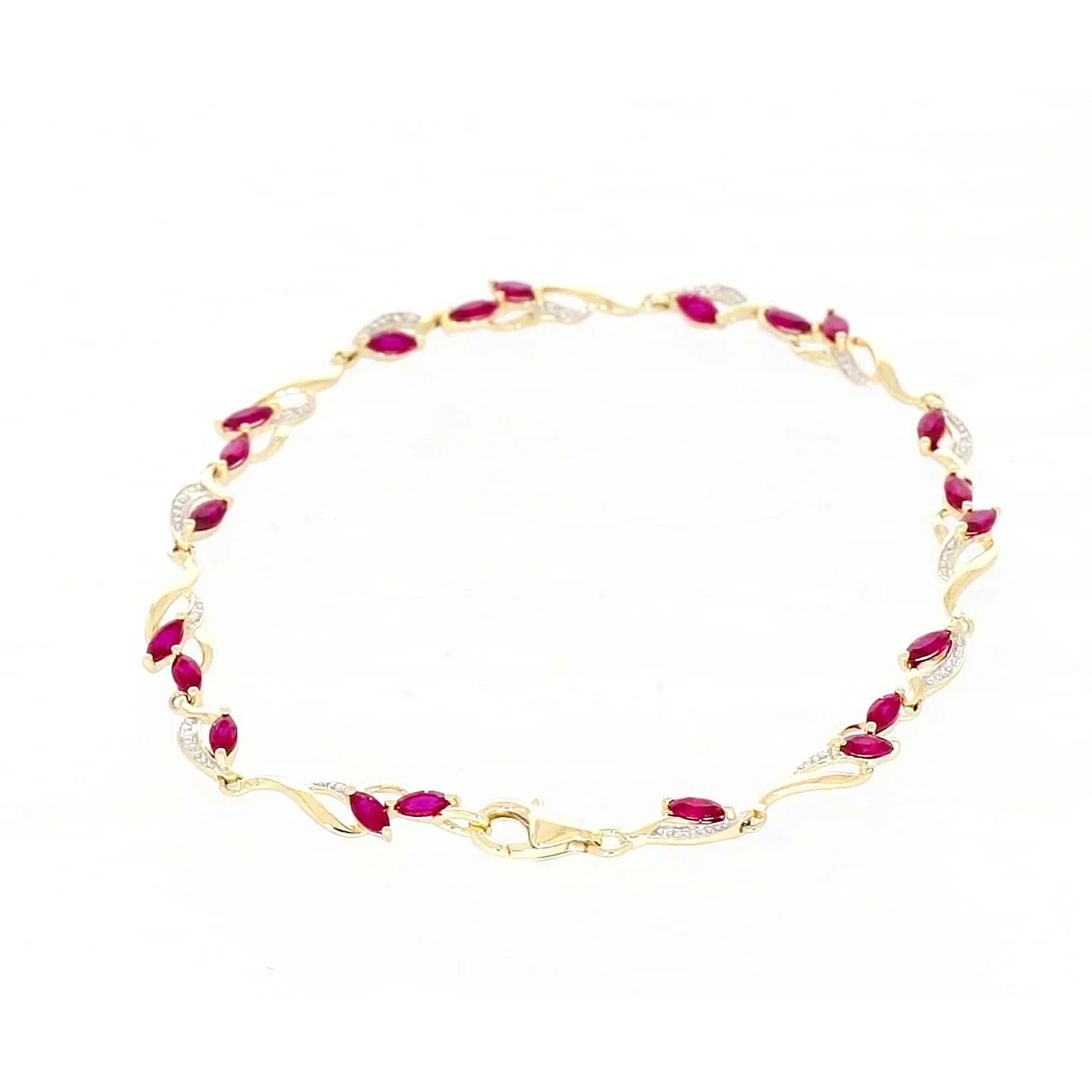 9ct Yellow Gold Marquise Cut Created Ruby Diamond Set Bracelet