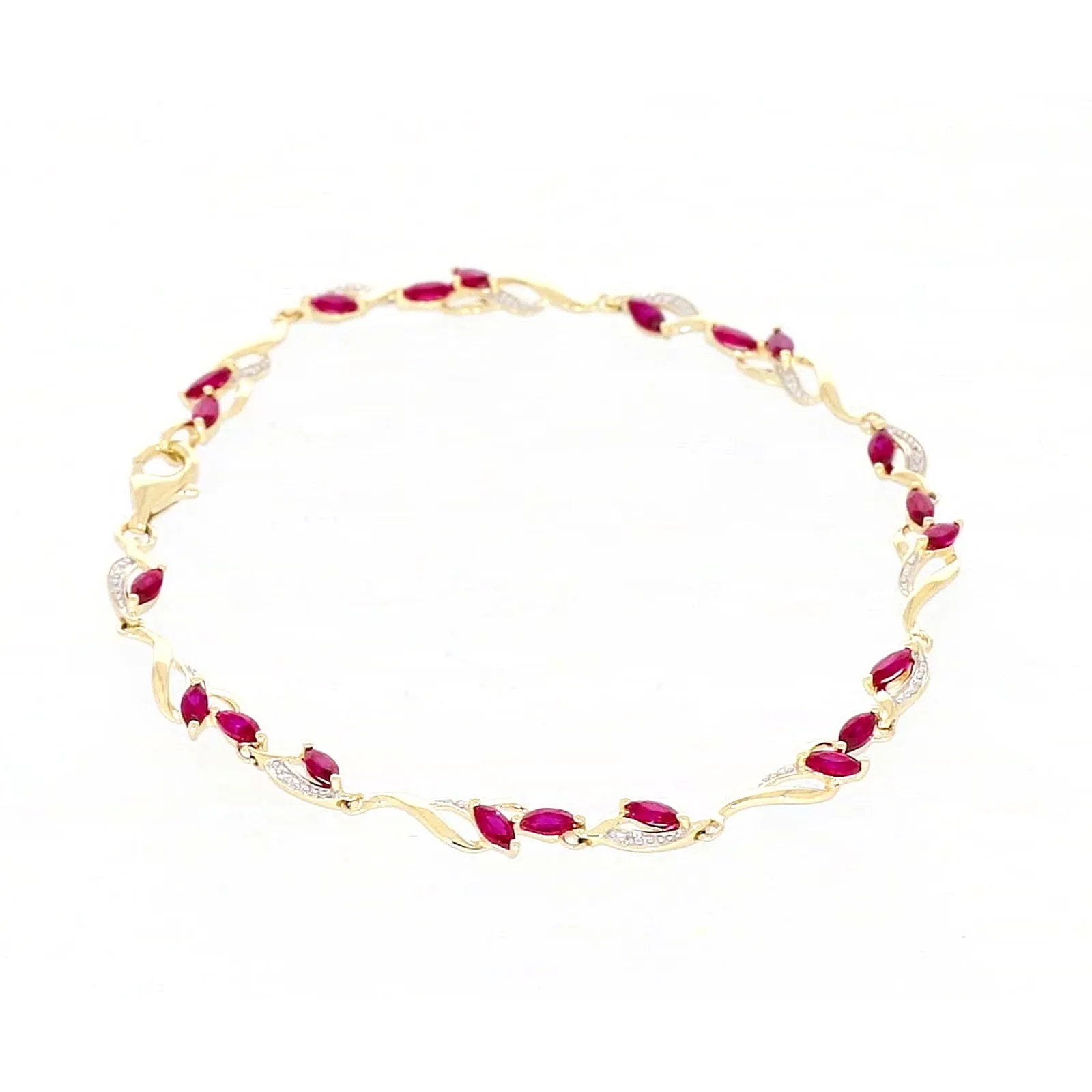9ct Yellow Gold Marquise Cut Created Ruby Diamond Set Bracelet