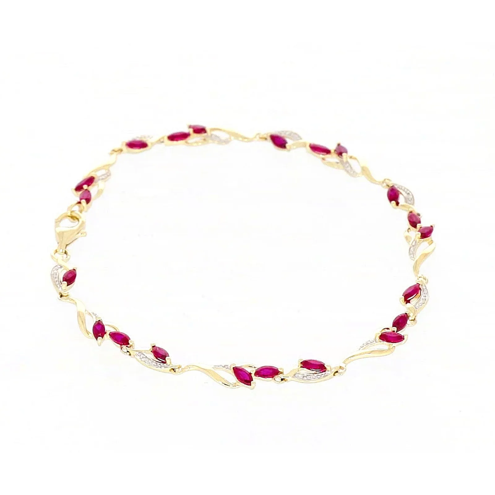 9ct Yellow Gold Marquise Cut Created Ruby Diamond Set Bracelet