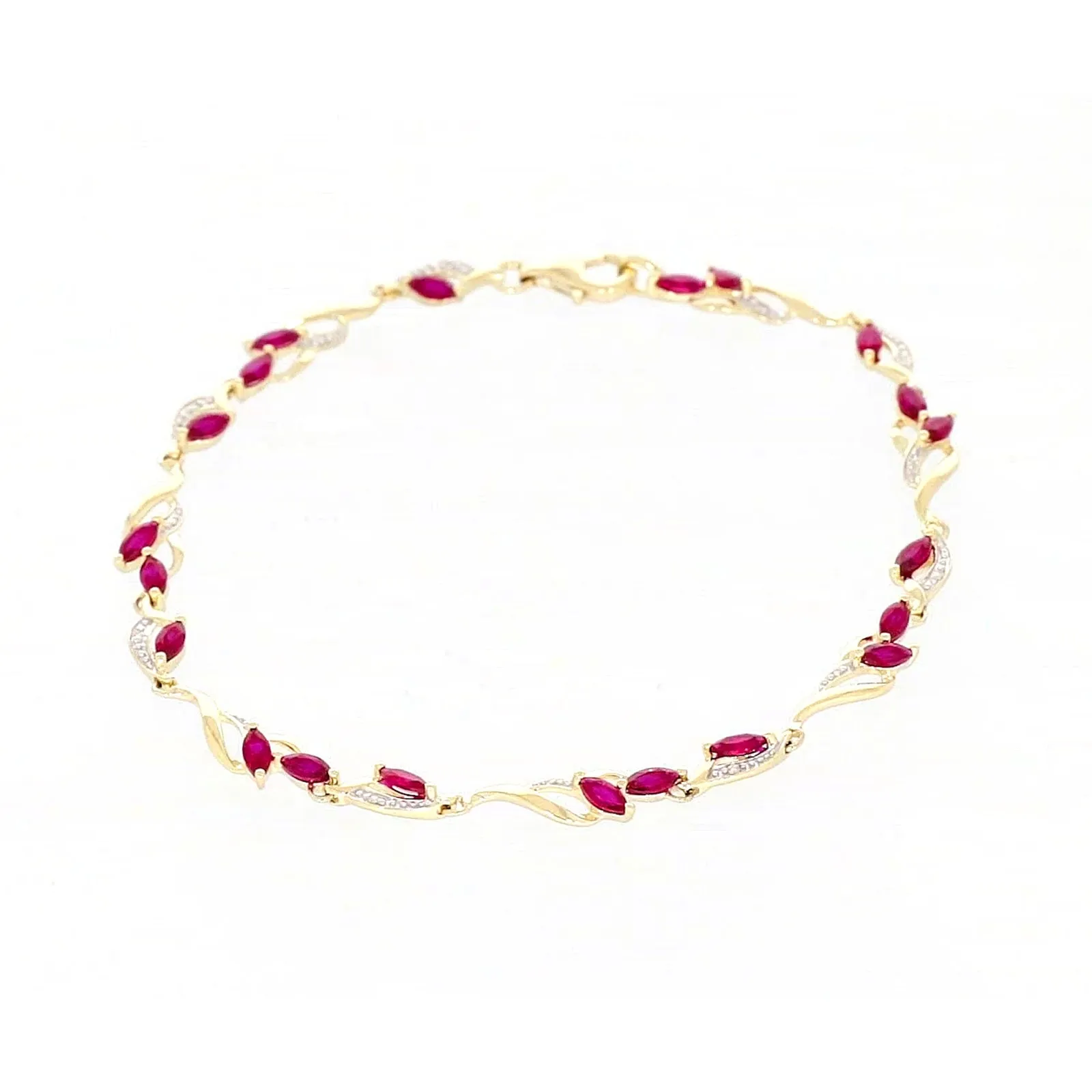 9ct Yellow Gold Marquise Cut Created Ruby Diamond Set Bracelet