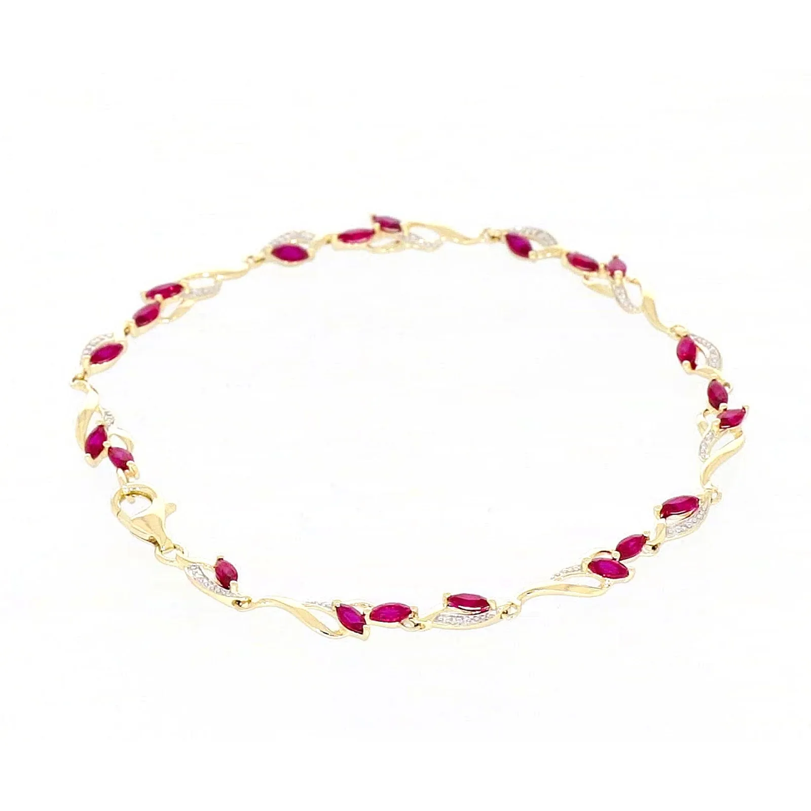 9ct Yellow Gold Marquise Cut Created Ruby Diamond Set Bracelet