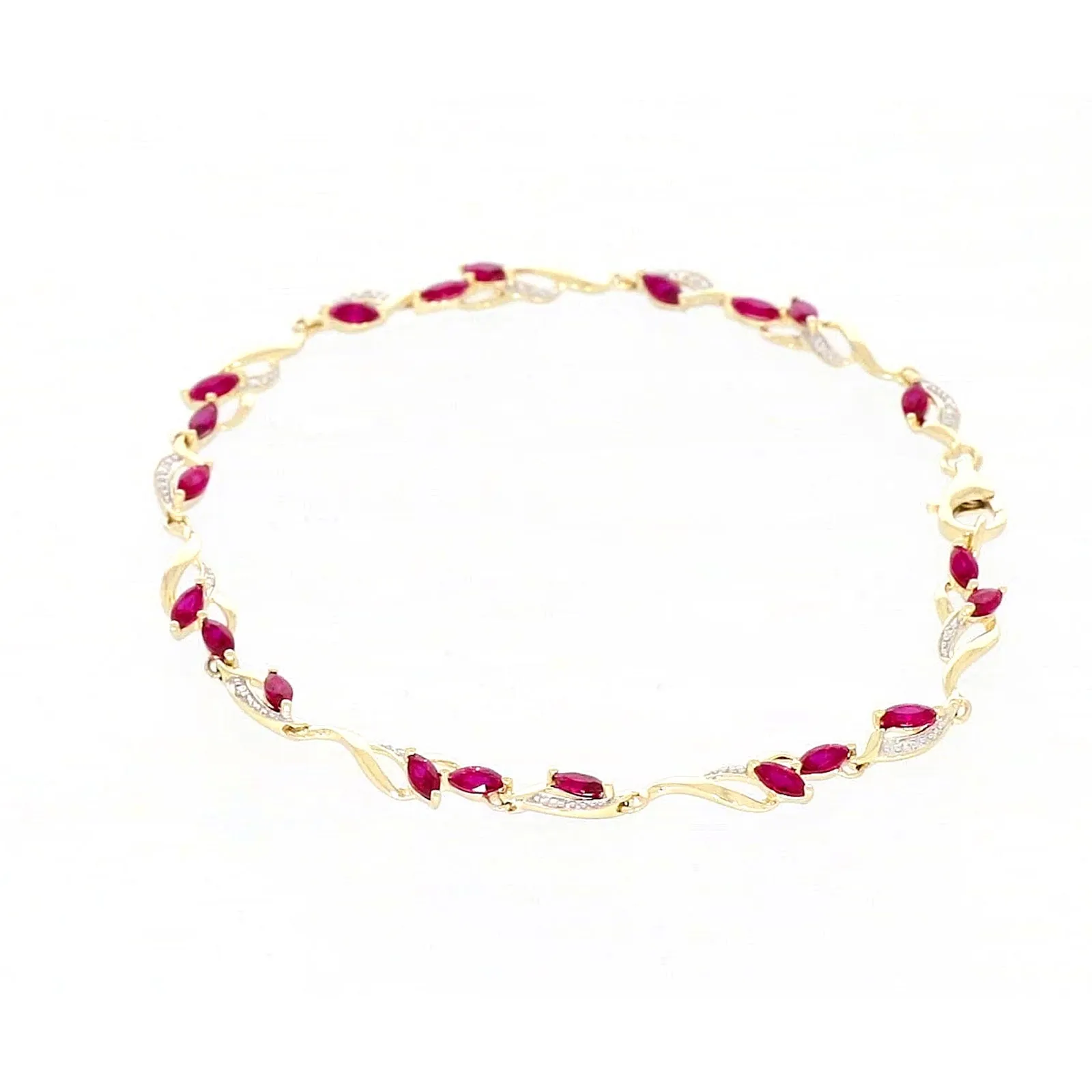 9ct Yellow Gold Marquise Cut Created Ruby Diamond Set Bracelet