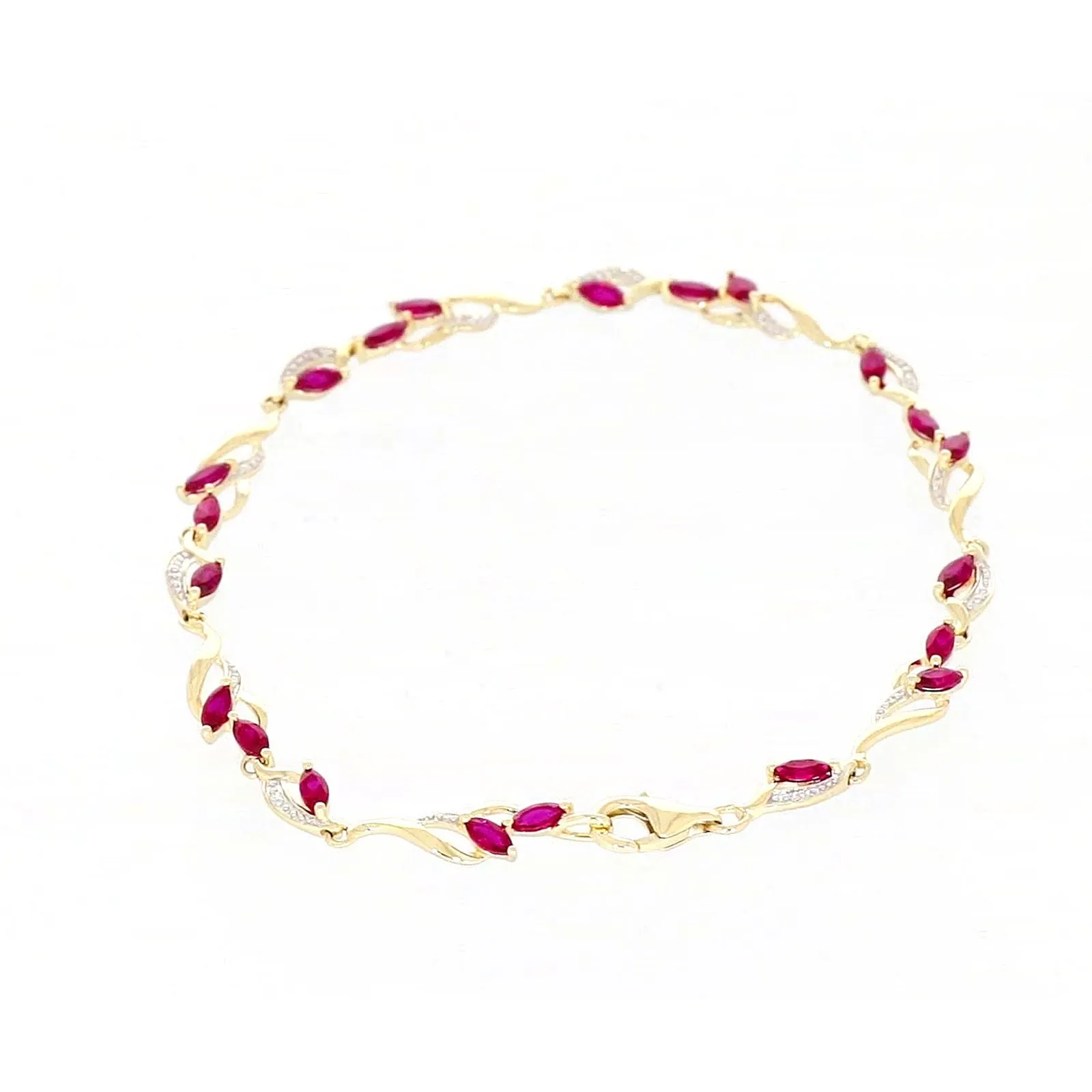 9ct Yellow Gold Marquise Cut Created Ruby Diamond Set Bracelet