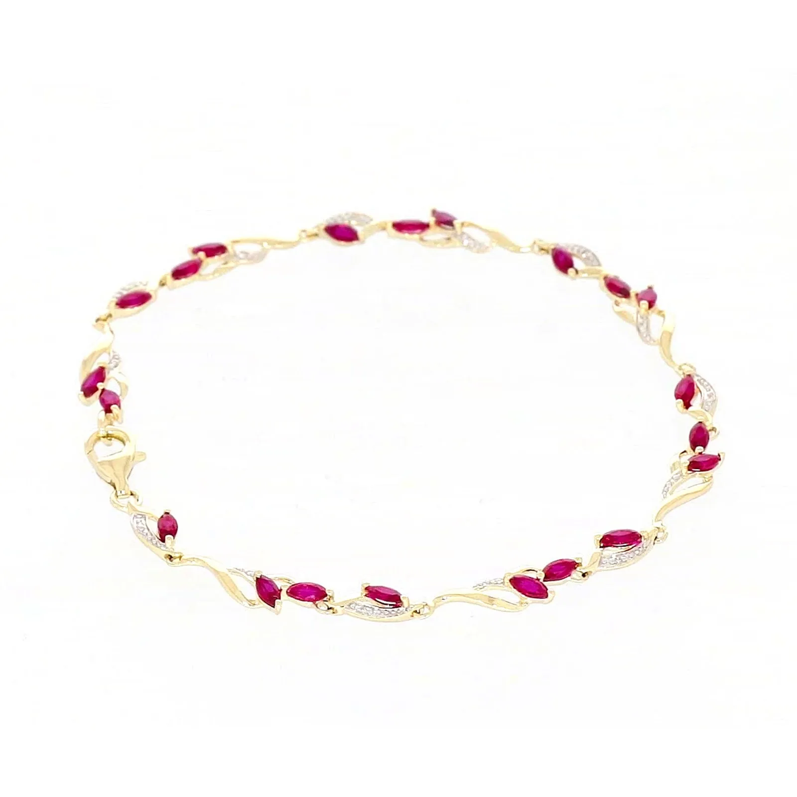 9ct Yellow Gold Marquise Cut Created Ruby Diamond Set Bracelet