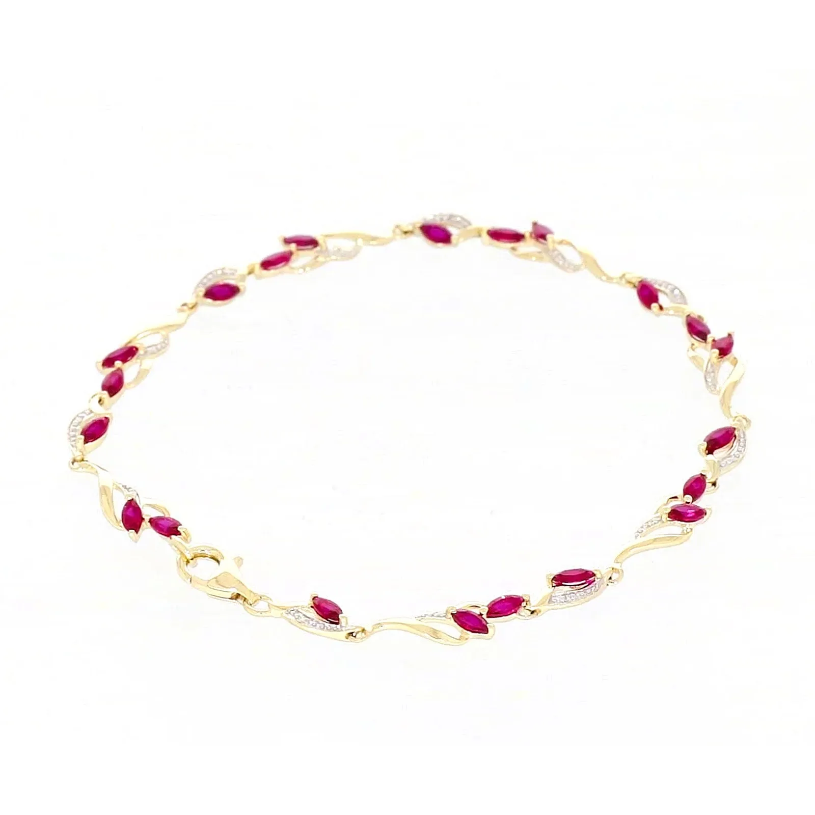 9ct Yellow Gold Marquise Cut Created Ruby Diamond Set Bracelet