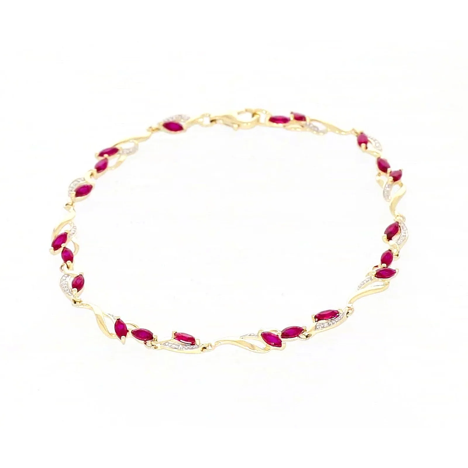 9ct Yellow Gold Marquise Cut Created Ruby Diamond Set Bracelet