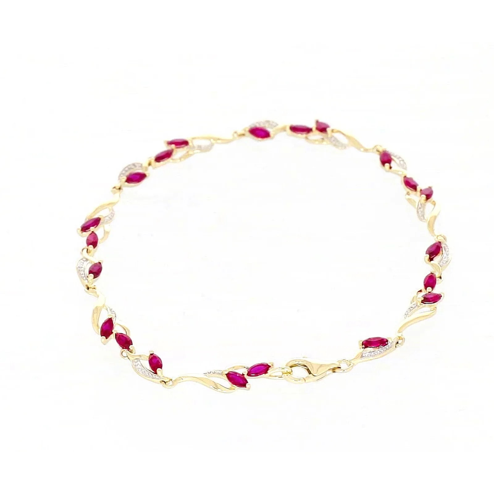 9ct Yellow Gold Marquise Cut Created Ruby Diamond Set Bracelet