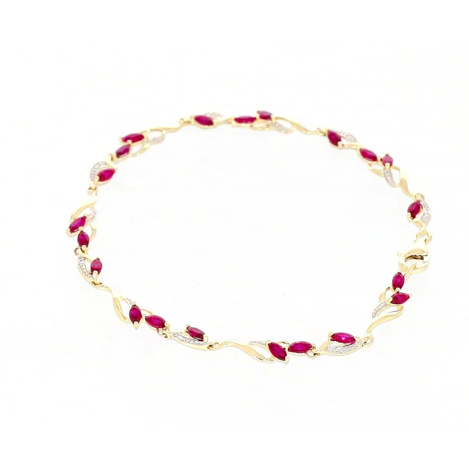 9ct Yellow Gold Marquise Cut Created Ruby Diamond Set Bracelet
