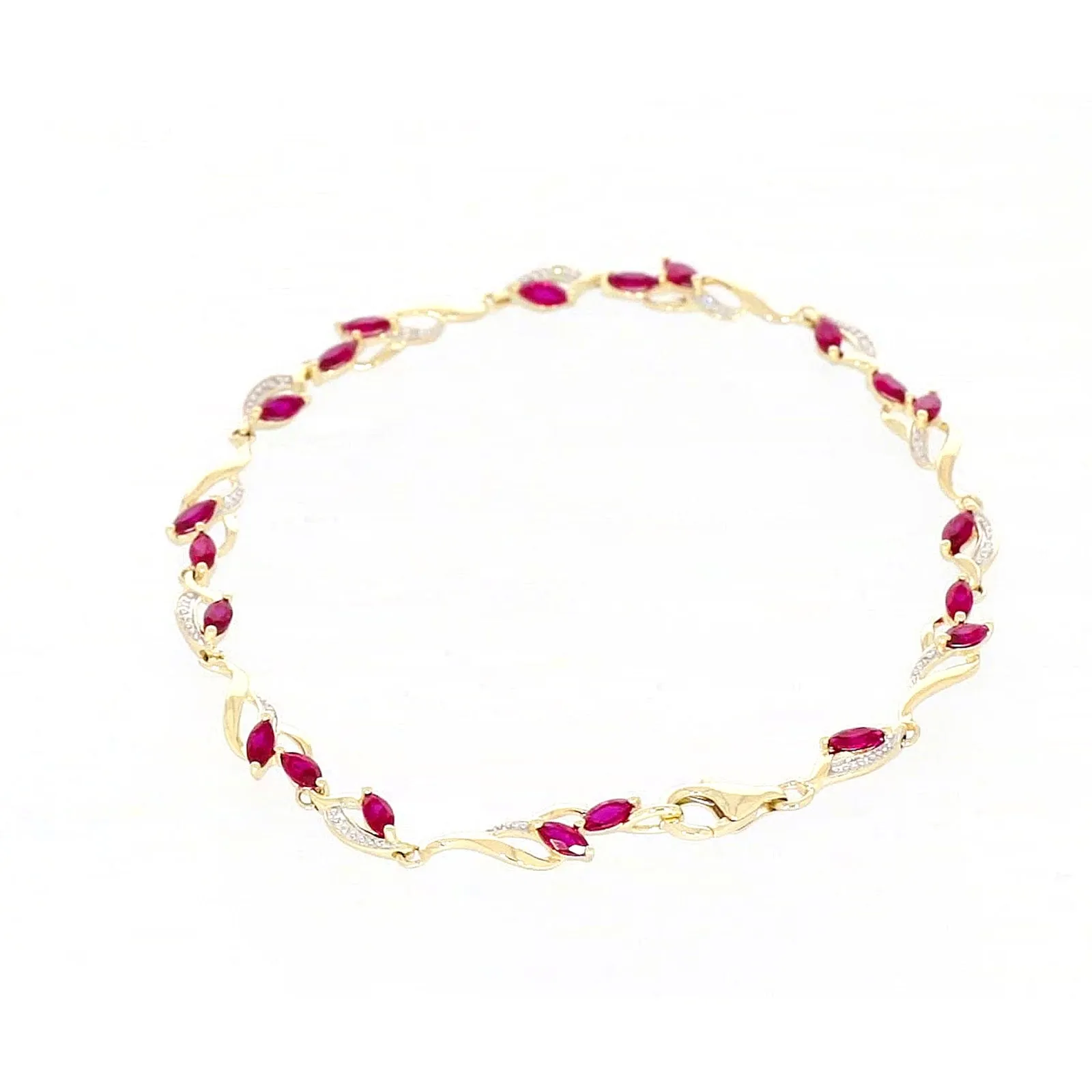 9ct Yellow Gold Marquise Cut Created Ruby Diamond Set Bracelet
