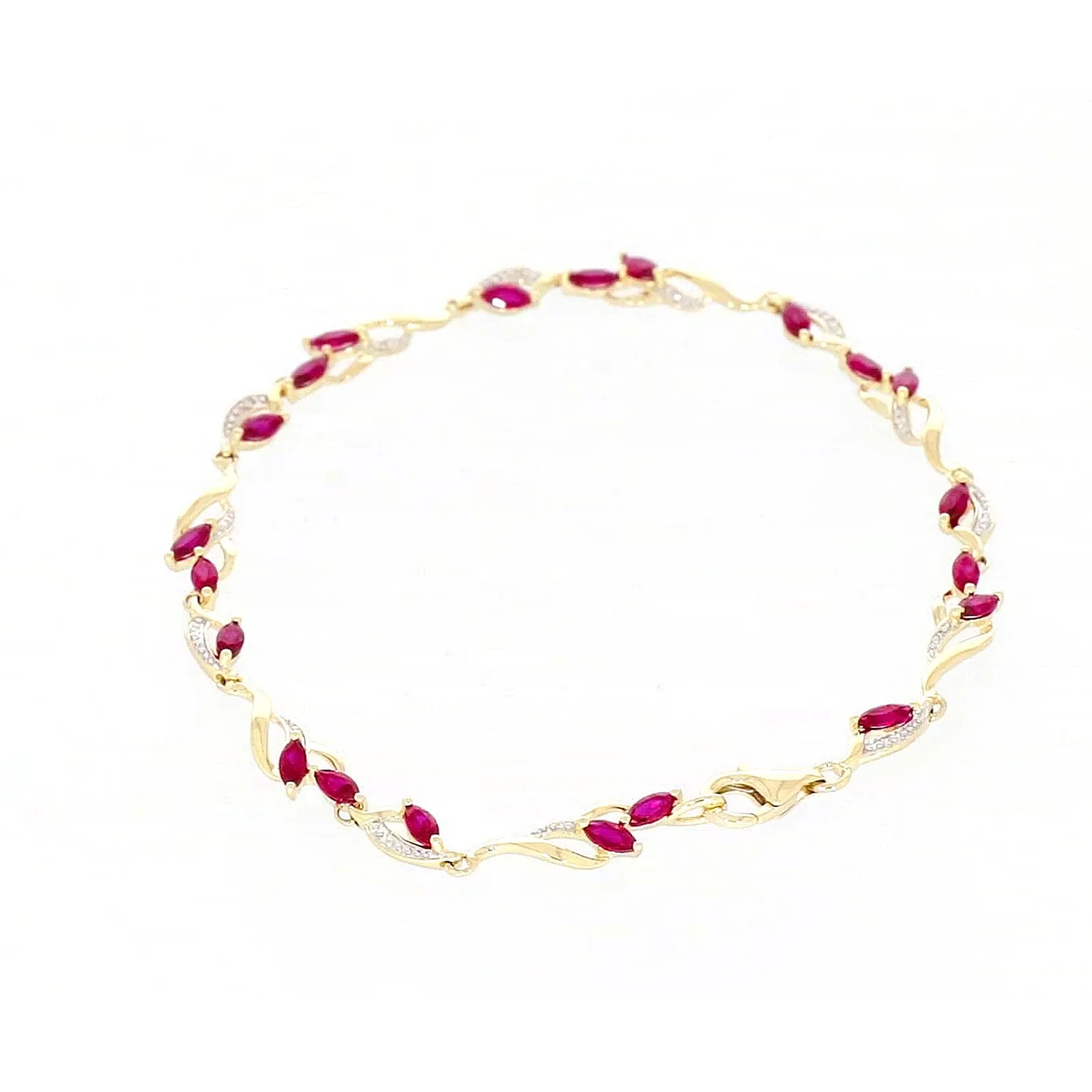 9ct Yellow Gold Marquise Cut Created Ruby Diamond Set Bracelet