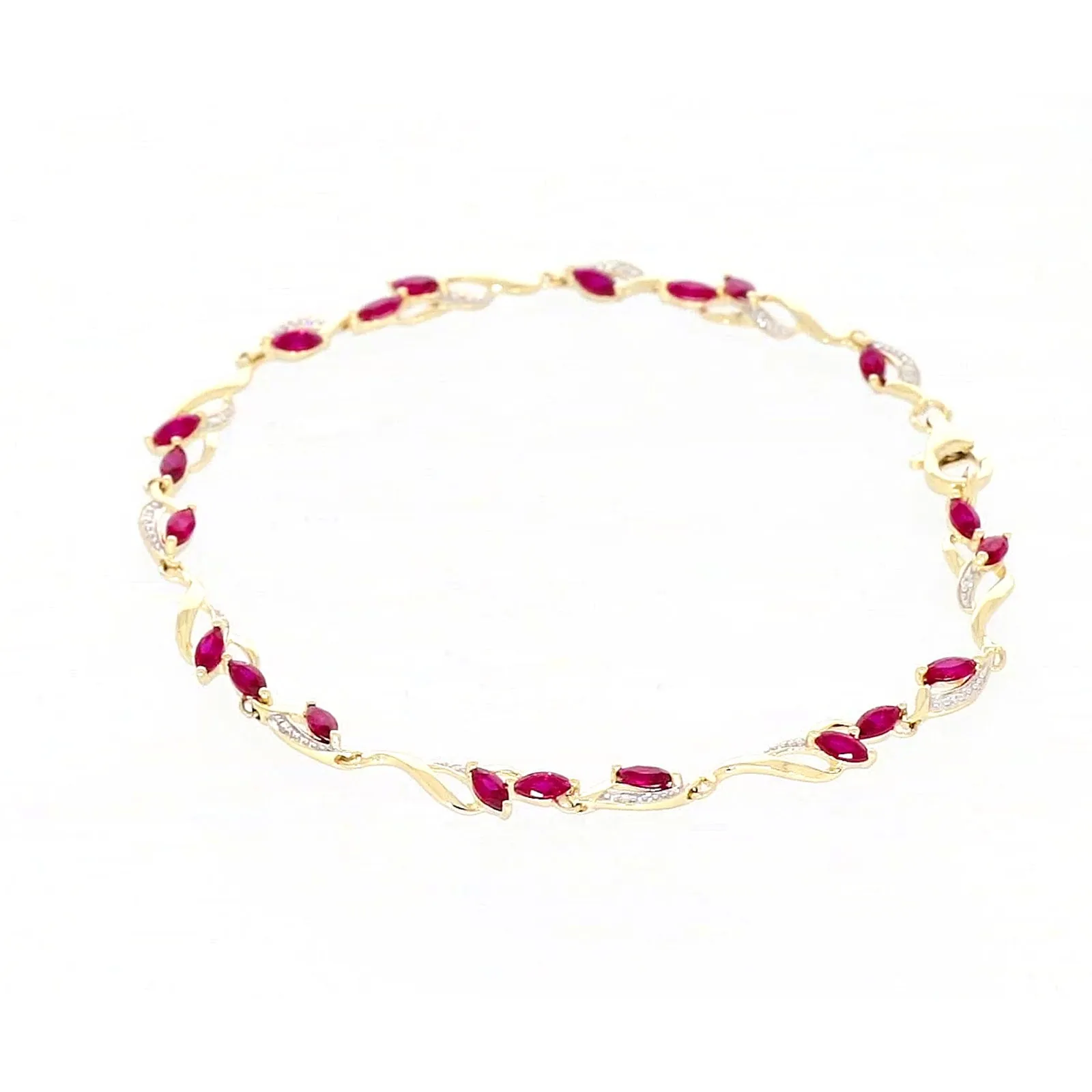9ct Yellow Gold Marquise Cut Created Ruby Diamond Set Bracelet