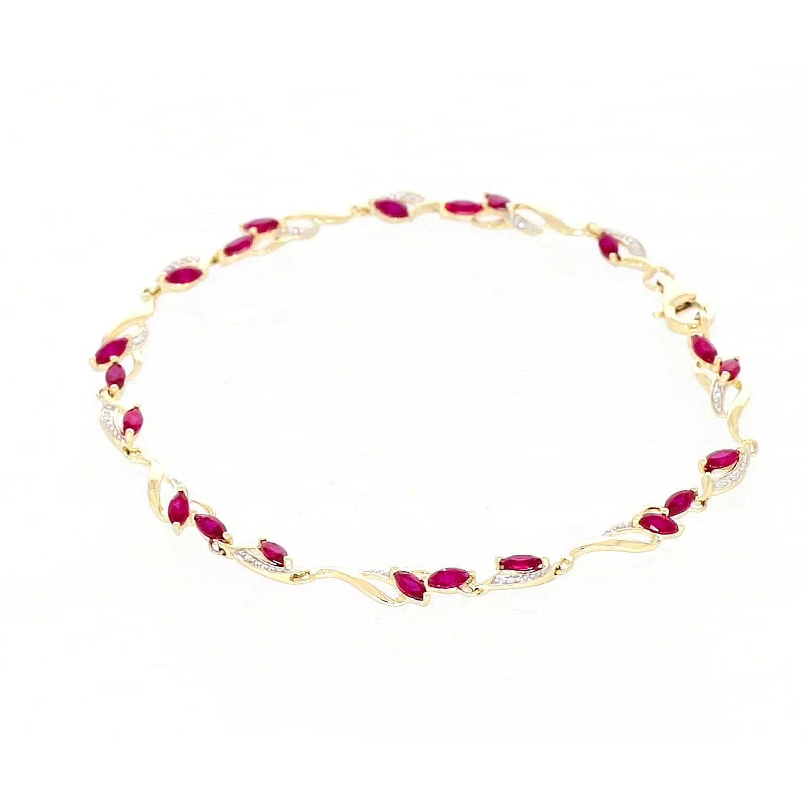 9ct Yellow Gold Marquise Cut Created Ruby Diamond Set Bracelet