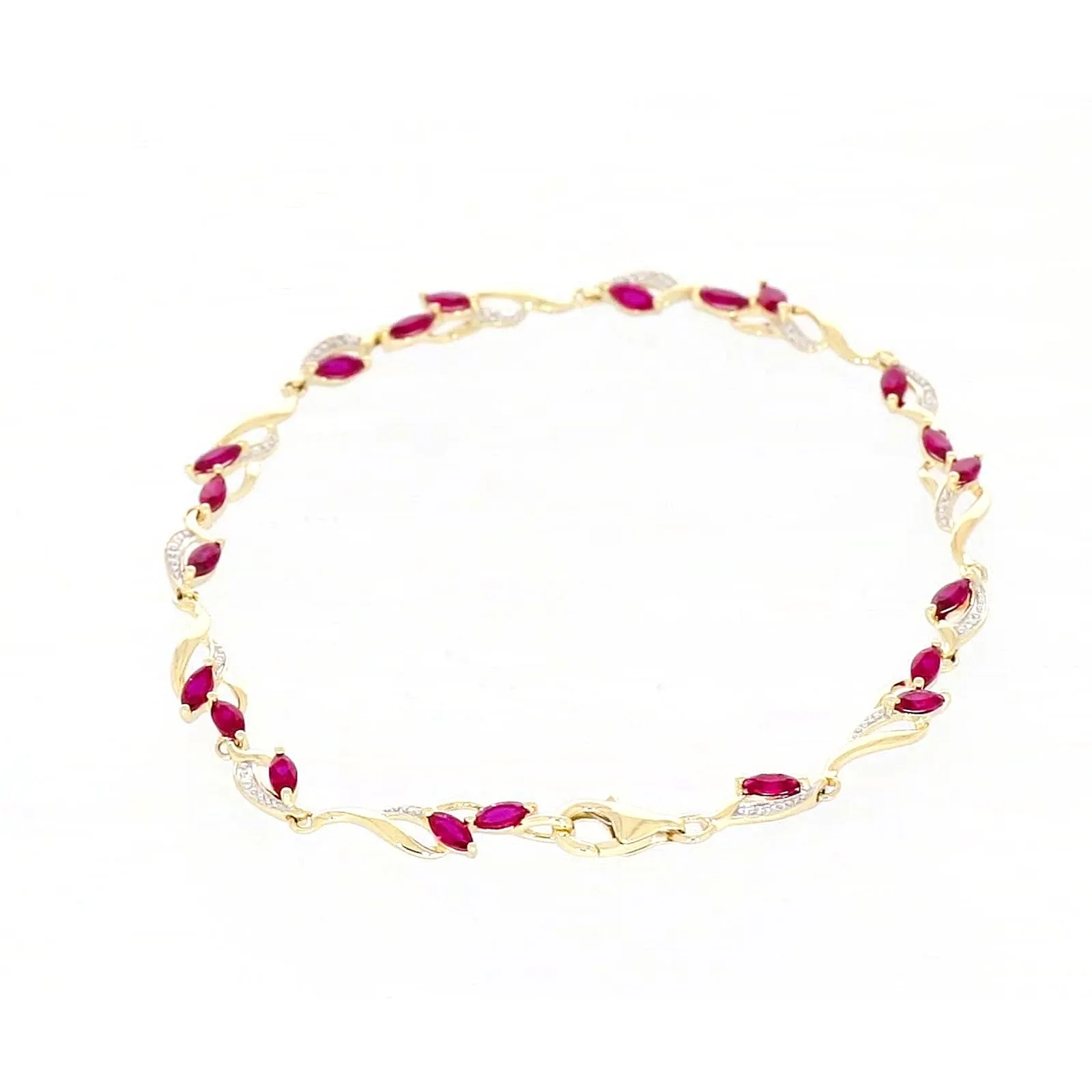 9ct Yellow Gold Marquise Cut Created Ruby Diamond Set Bracelet