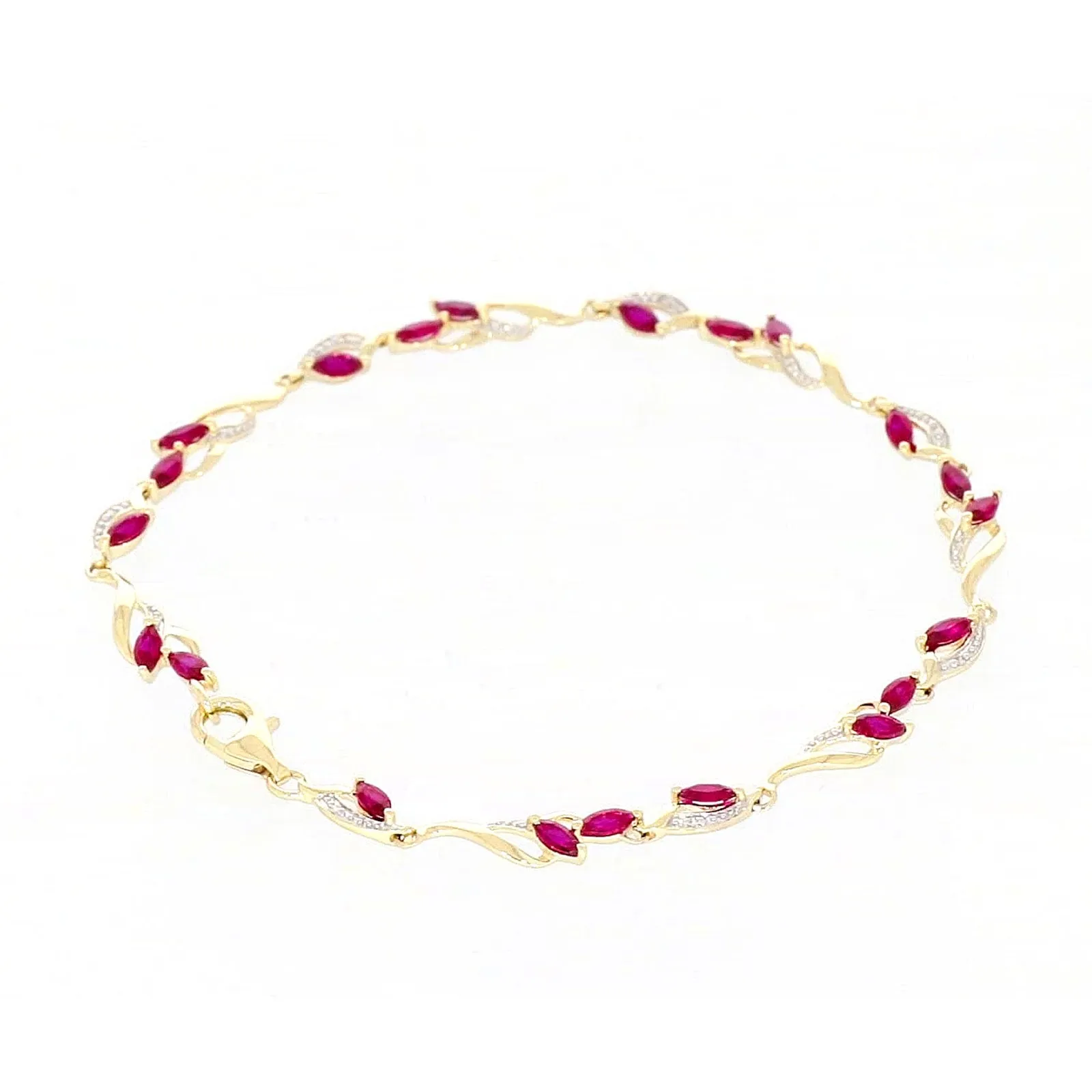 9ct Yellow Gold Marquise Cut Created Ruby Diamond Set Bracelet