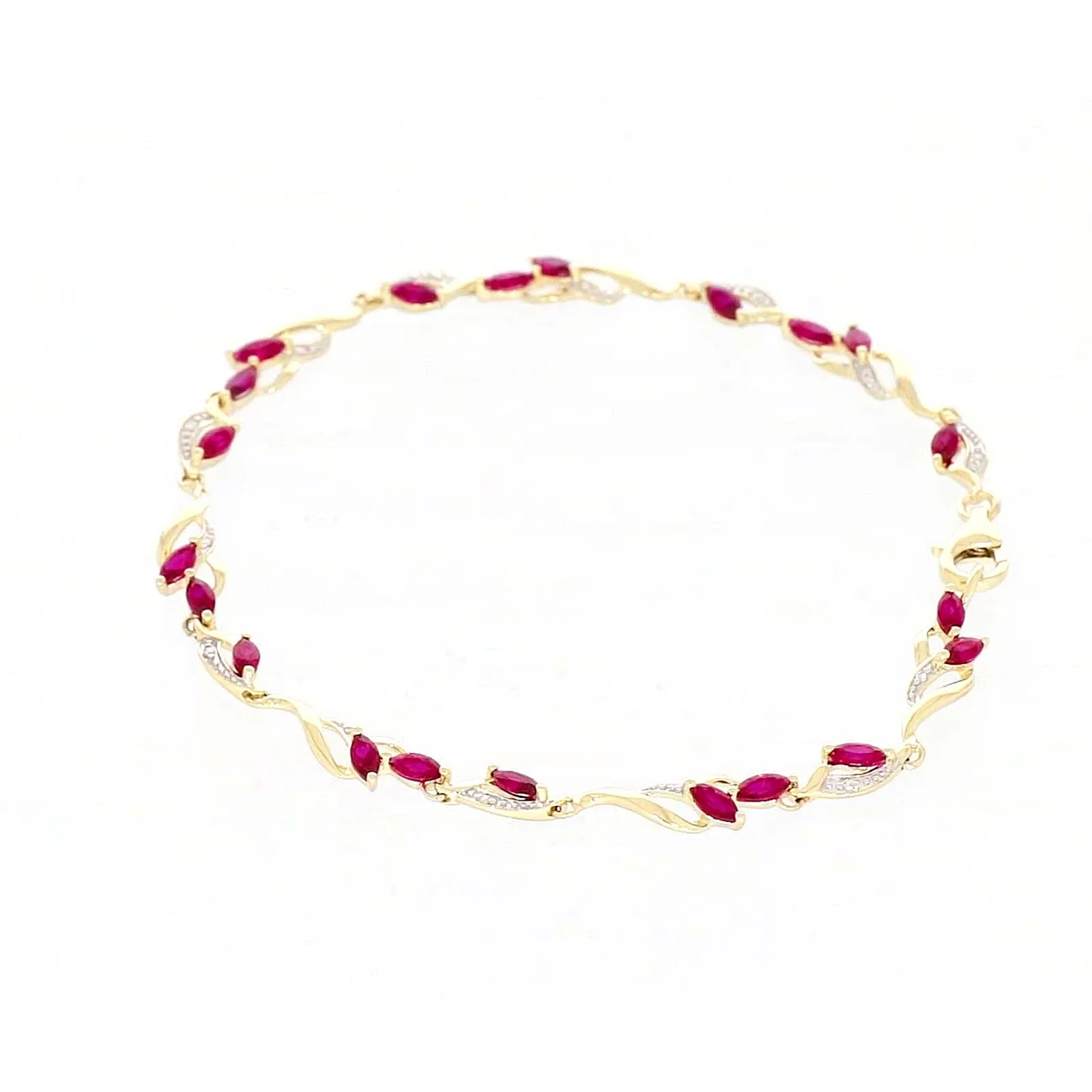 9ct Yellow Gold Marquise Cut Created Ruby Diamond Set Bracelet