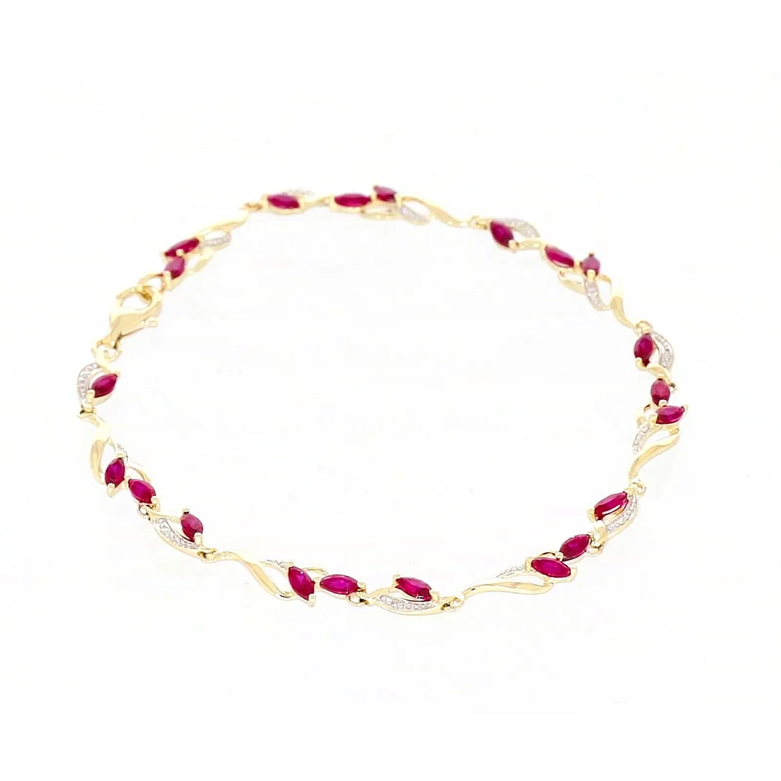 9ct Yellow Gold Marquise Cut Created Ruby Diamond Set Bracelet