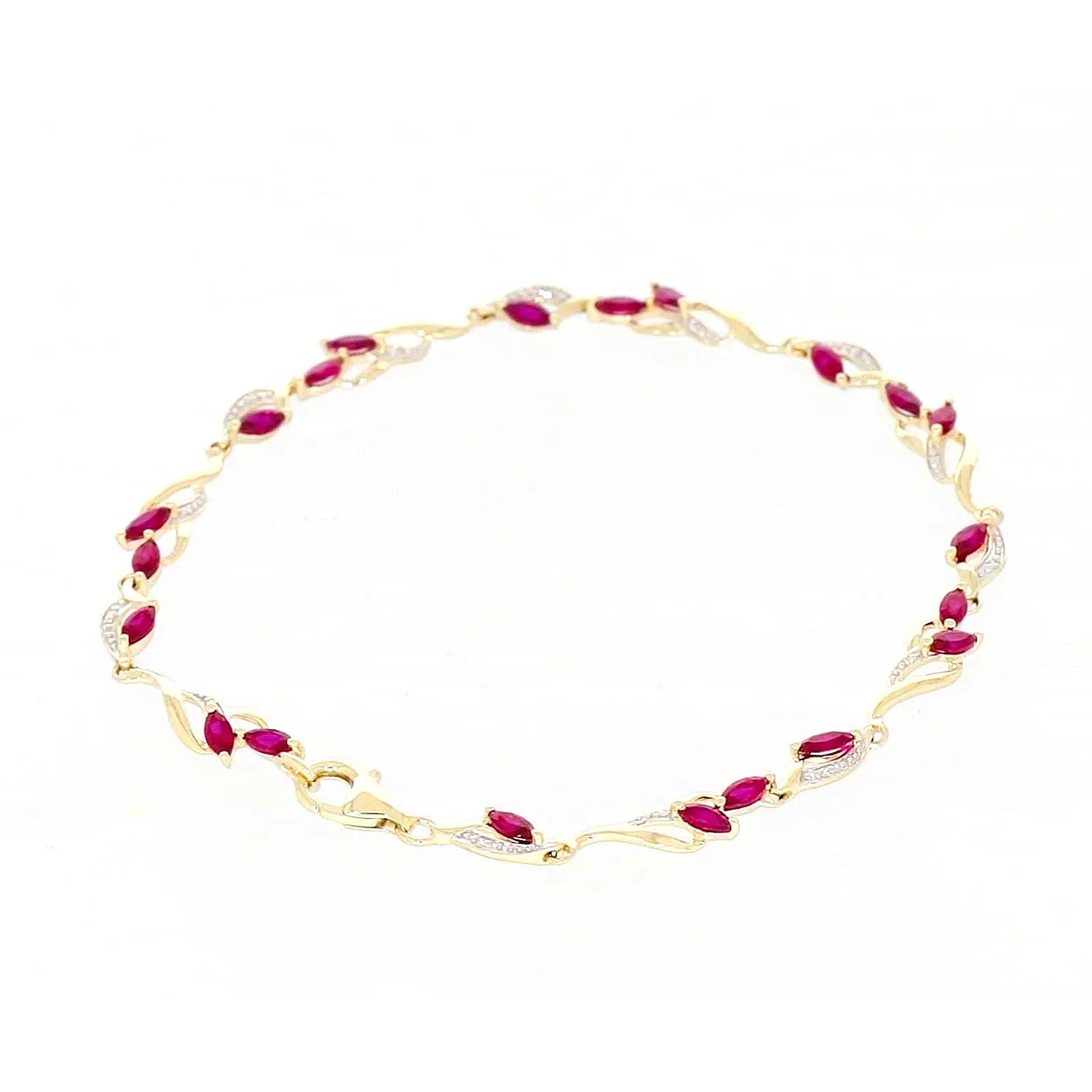 9ct Yellow Gold Marquise Cut Created Ruby Diamond Set Bracelet