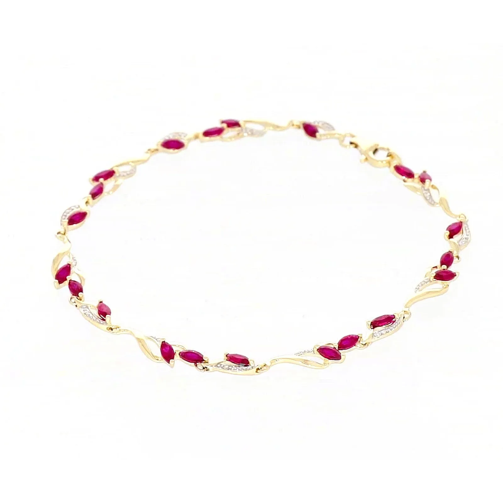 9ct Yellow Gold Marquise Cut Created Ruby Diamond Set Bracelet