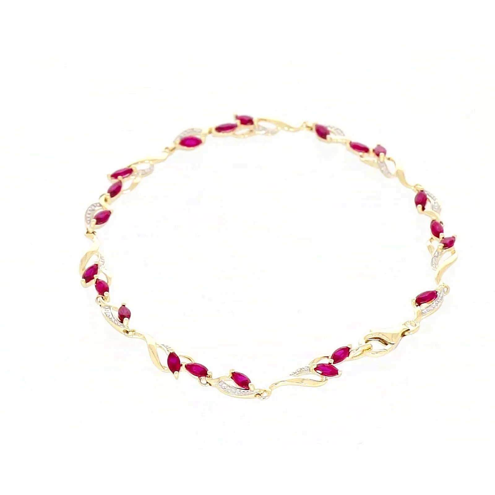 9ct Yellow Gold Marquise Cut Created Ruby Diamond Set Bracelet