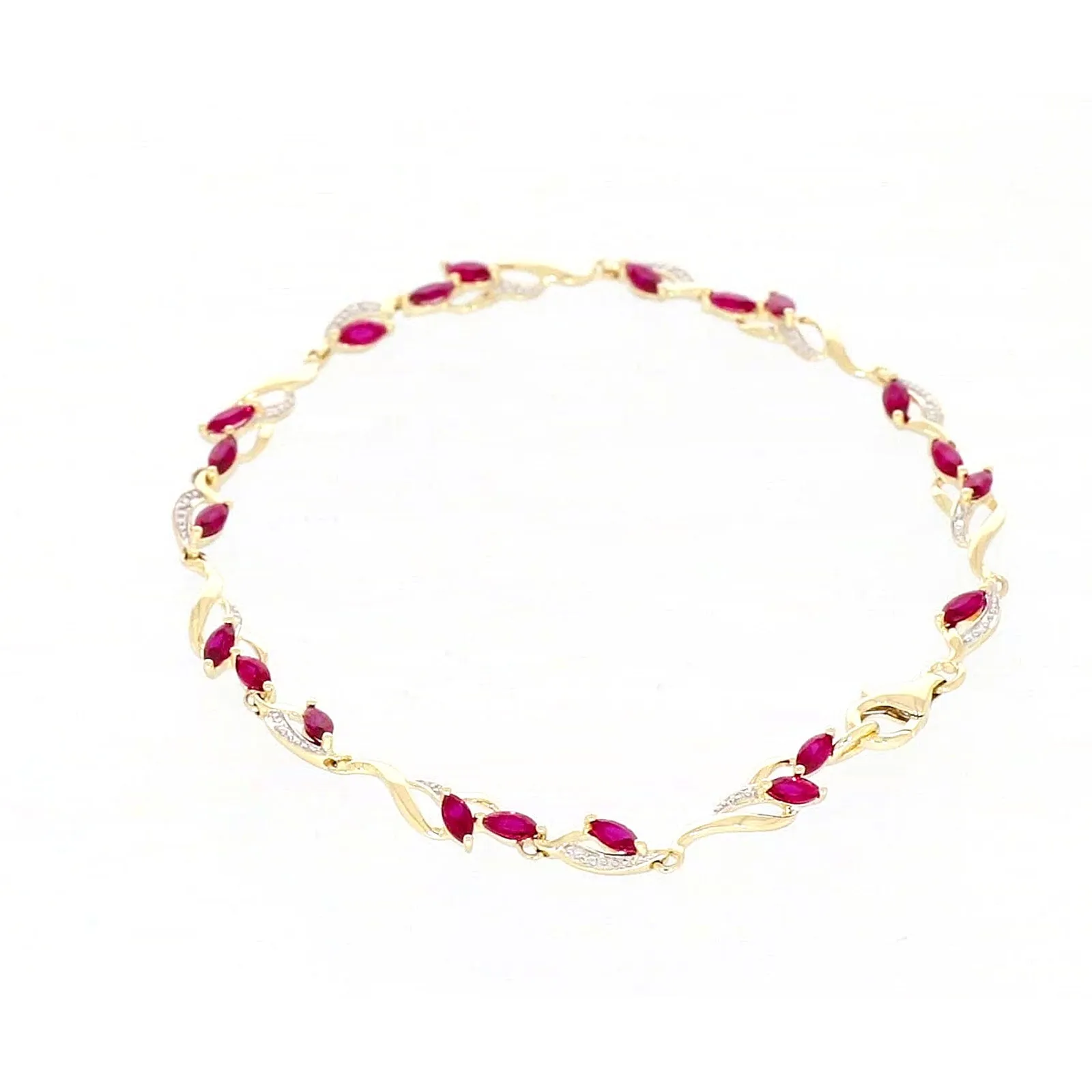 9ct Yellow Gold Marquise Cut Created Ruby Diamond Set Bracelet