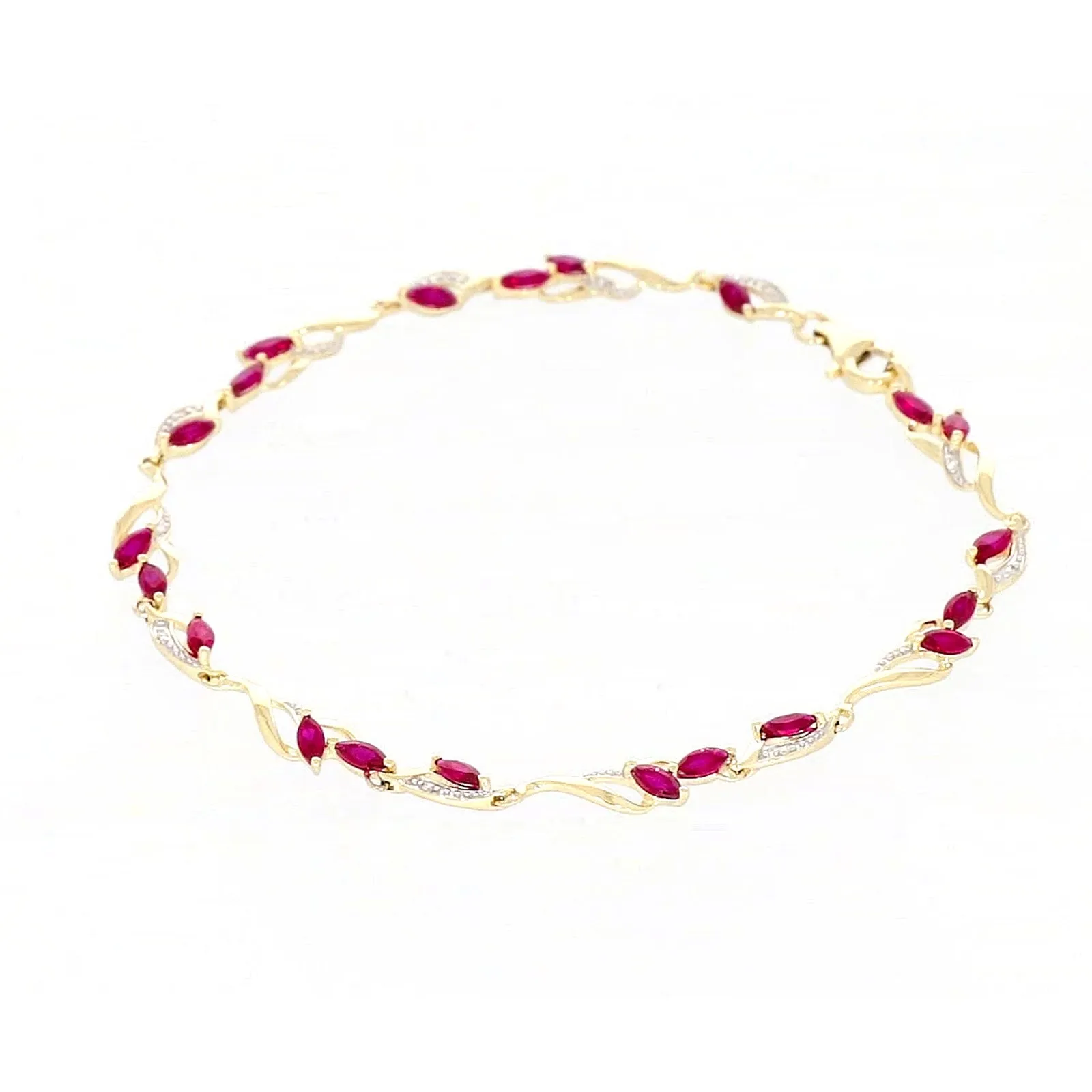 9ct Yellow Gold Marquise Cut Created Ruby Diamond Set Bracelet