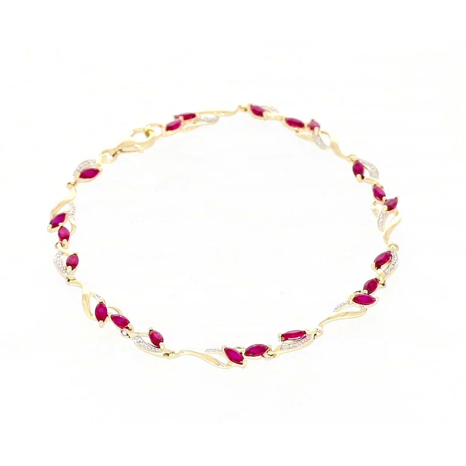 9ct Yellow Gold Marquise Cut Created Ruby Diamond Set Bracelet