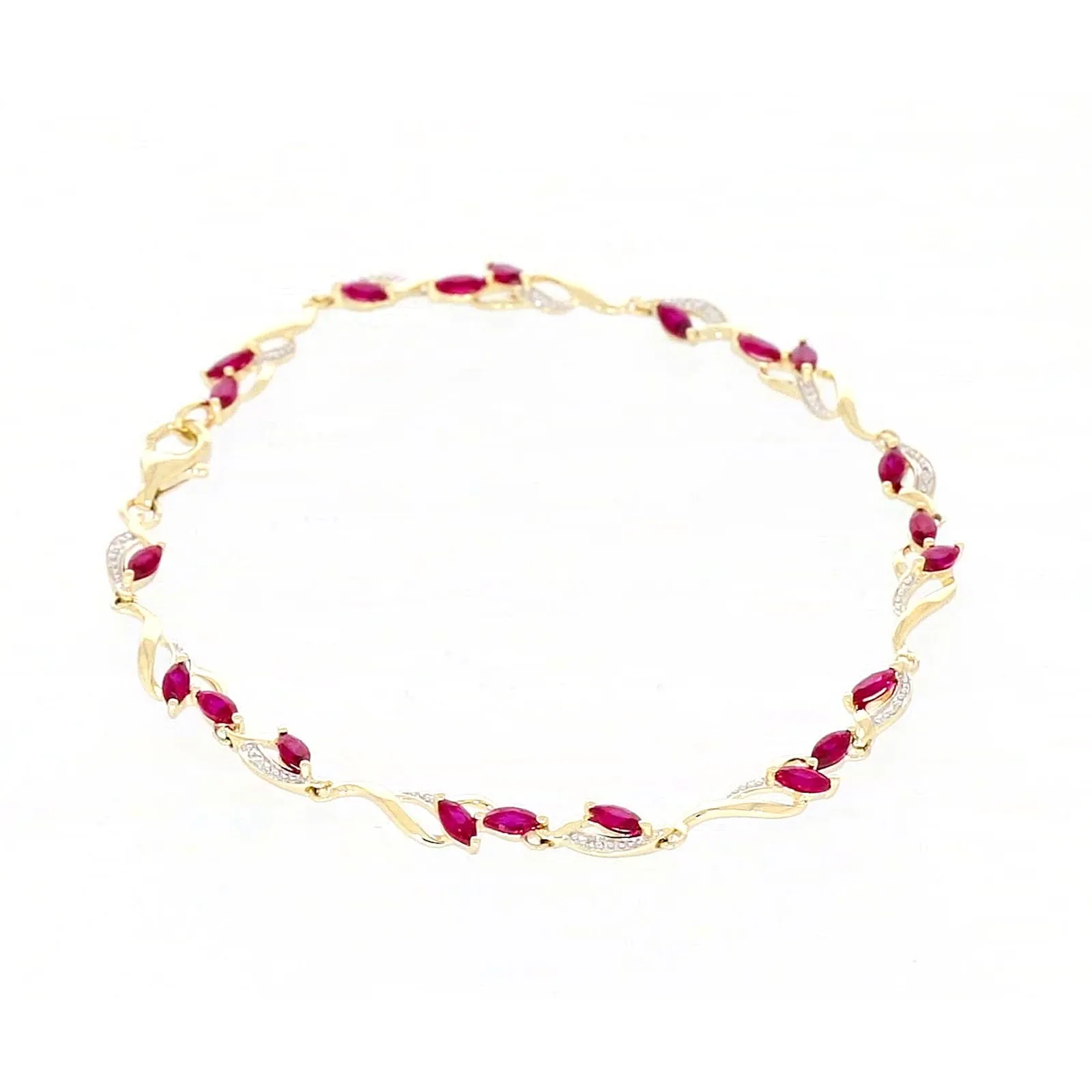 9ct Yellow Gold Marquise Cut Created Ruby Diamond Set Bracelet