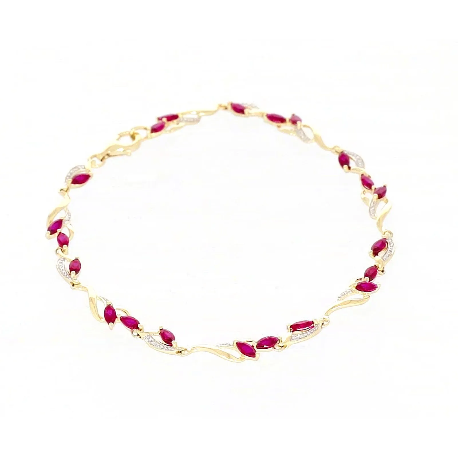 9ct Yellow Gold Marquise Cut Created Ruby Diamond Set Bracelet